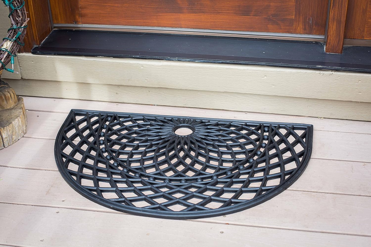 BIRDROCK HOME Half Round Rubber Doormat, Decorative Leaf & Sun Design, 17.72" x 29.92", Outdoor Front Door Mat, Low Profile Welcome Entry Rug for Porch, Patio, Garage & Mudroom, Black