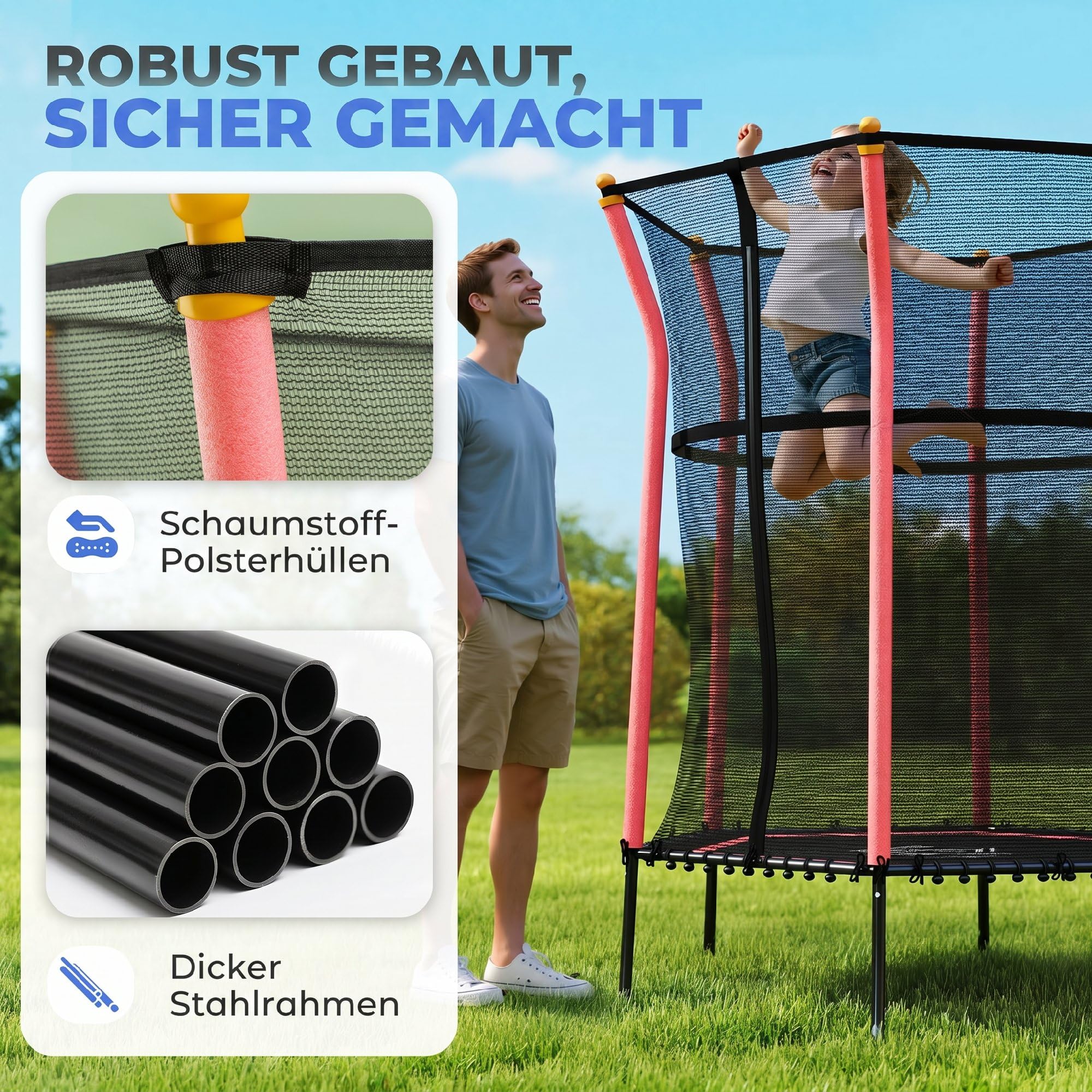 HOMCOM Trampolin Outdoor, Kindertrampolin Gartentrampolin mit Sicherheitsnetz, Randabdeckung für Kinder 3-10 Jahre bis 50 kg belastbar