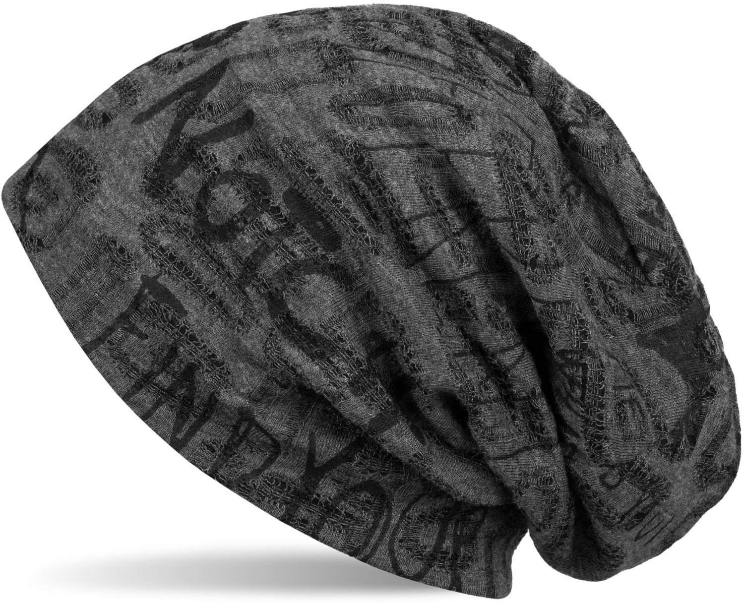 Stylebreaker Women's Dark Grey Beanie Hat With Lettered Pattern And Destroyed Vintage Design, Slouch Longbeanie, Unisex 04024074, Colour: