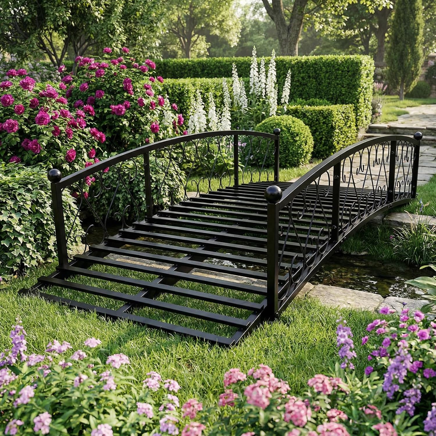 Garturects Metal Garden Bridge 8 FT - Durable Decorative Footbridge with Siderails Large Outdoor Bridges, Weight Capacity 770 lbs for Backyard, Creek, Lawn, Stream