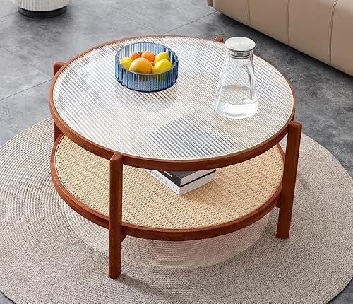 LKTART Mesa de centro moderna de ratán de imitación redonda de 2 niveles de madera maciza para sala de estar, dormitorio, oficina disponible en Yaxa Colombia