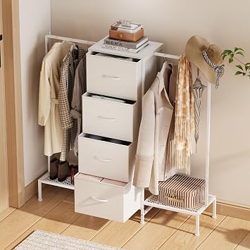 Unionly 45" W 2-in-1 Dresser with Hanging Rack, 4 Drawers Dresser with Shelves,Dressers with Fabric Drawers for Bedroom,Living Room, Entryway, Closets White