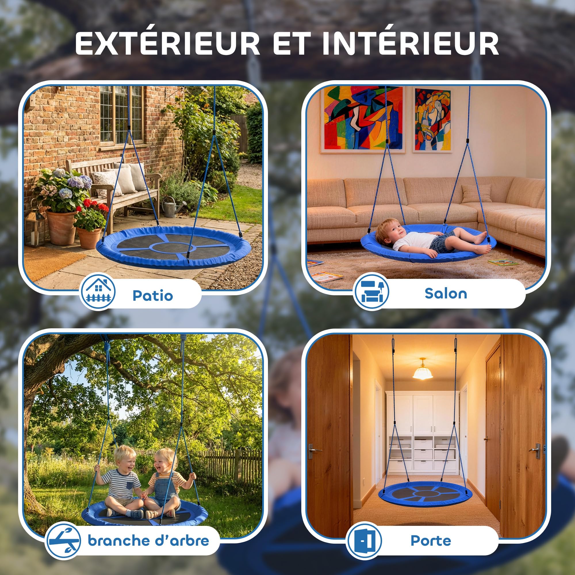 AIYAPLAY Balançoire Nid d'Oiseau Cordes Réglables 2 Enfants Ø 80 cm Bleu | Siège Rond, Charge 200 kg, Aire de Jeux Extérieure, Jardin, Terrasse, Arrière-Cour
