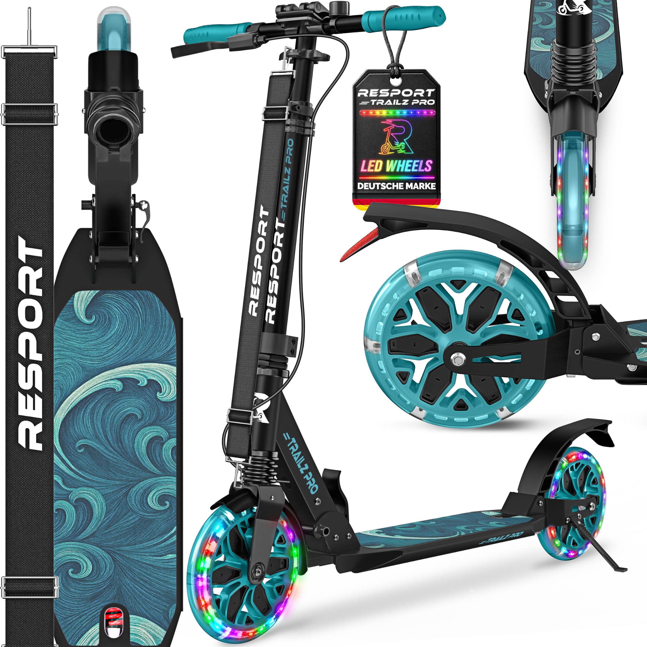 RE:SPORT® Cityroller für Kinder & Erwachsene mit LED, Klingel & Tragegurt | Kickscooter Tretroller inkl. Handbremse & Doppelfederung | Scooter höhenverstellbar & klappbar