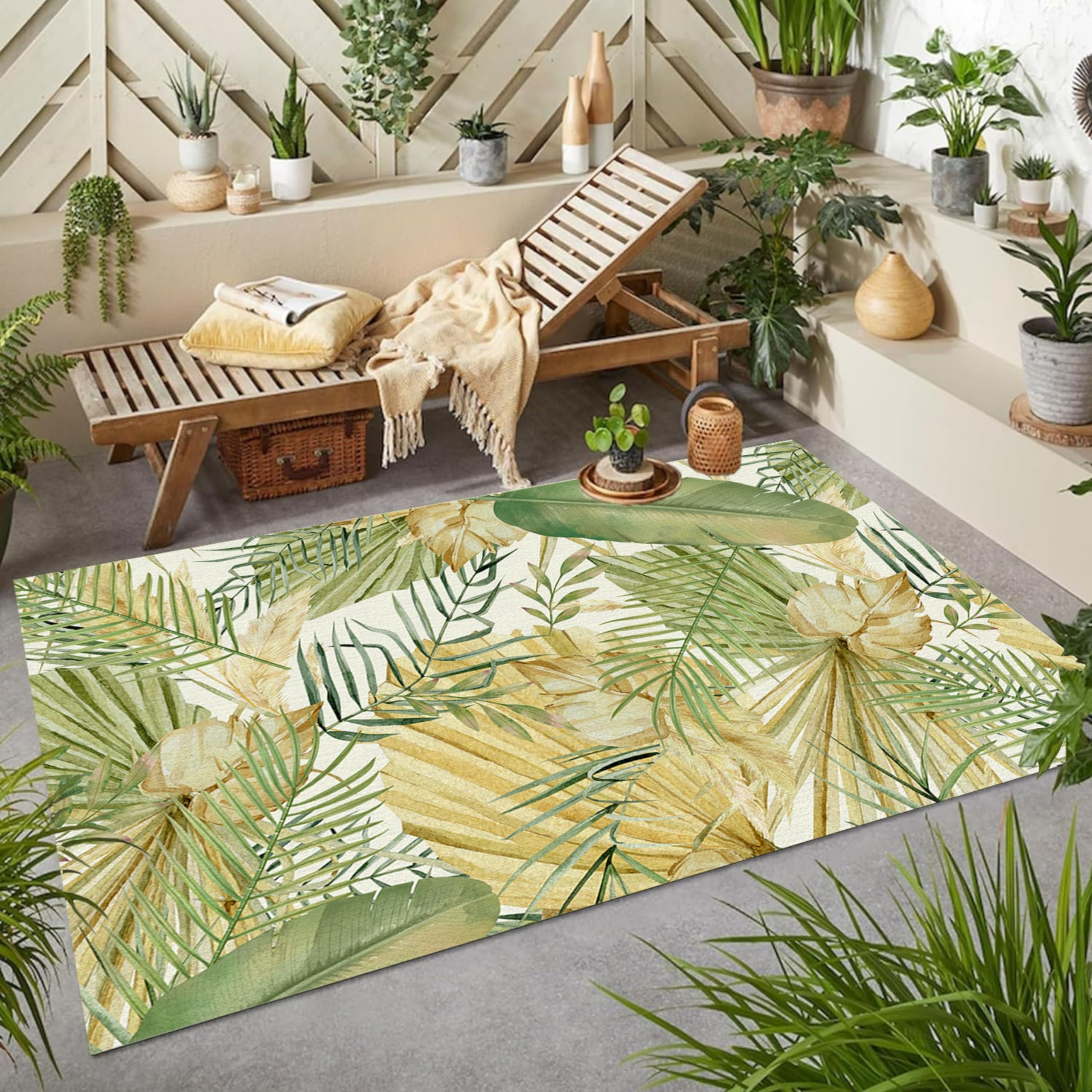 LHOMKCV Boho Green Palm Leaves Area Rug, 4x6ft, Nordic Style Tropical Botanical Yellow Green Leaf Print Rug, Modern Nature Non-Slip Washable Indoor
