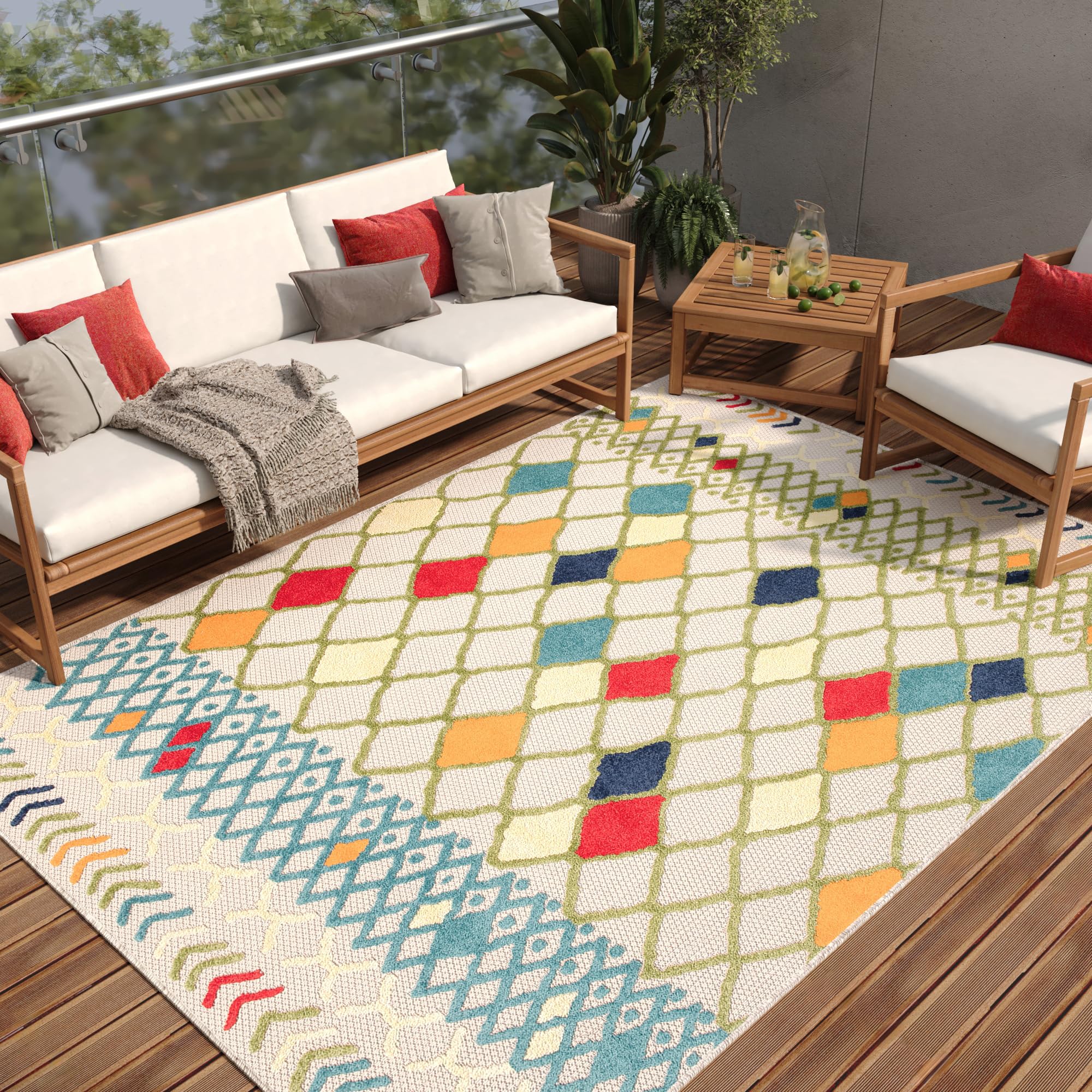 TAPISO Patio dywan tarasowy, mata do kuchni, salonu, na zewnątrz, nowoczesne wzornictwo, 3D, karo, wielokolorowy, kremowy, marokański wzór, sizal, odporny na uszkodzenia 140 x 200 cm