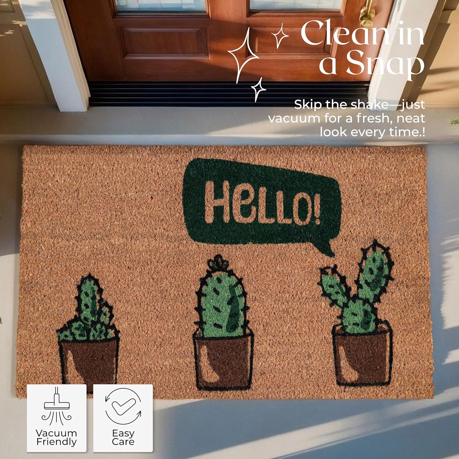Coir Door Mats 17" X 30", Non-Slip Sturdy, PVC Backed Heavy Duty, Easy to Clean, Ideal for Door Entrance, Patio, Porch, Backyard, Garages, Hello Cactus