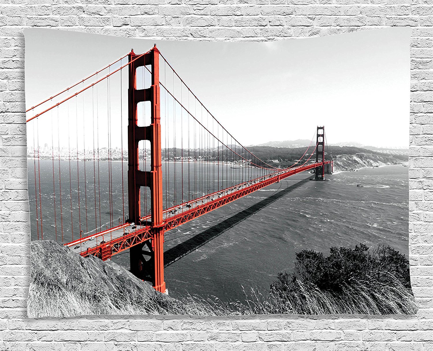 Ambesonne USA Tapestry, Golden Gate Bridge Civil Engineering History Monochromatic Travel Destinations View Print, Wide Wall Hanging for Bedroom Living Room Dorm, 80