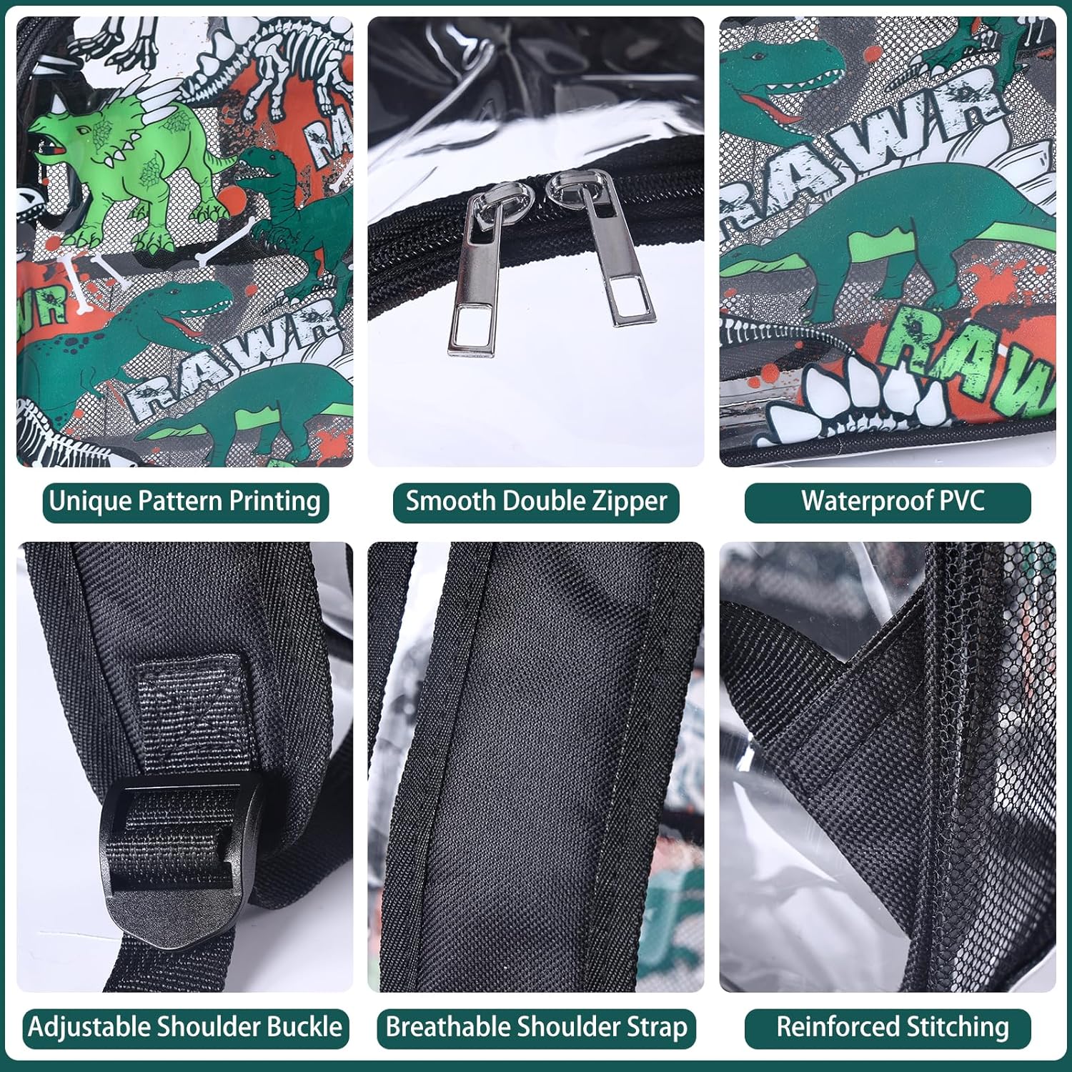 3PCS Clear Backpack Transparent Bookbag for Boy, Dinosaur Heavy Duty Primary School Backpack with Lunch Bag Elementary Students See Through Clear Bag - Image 3