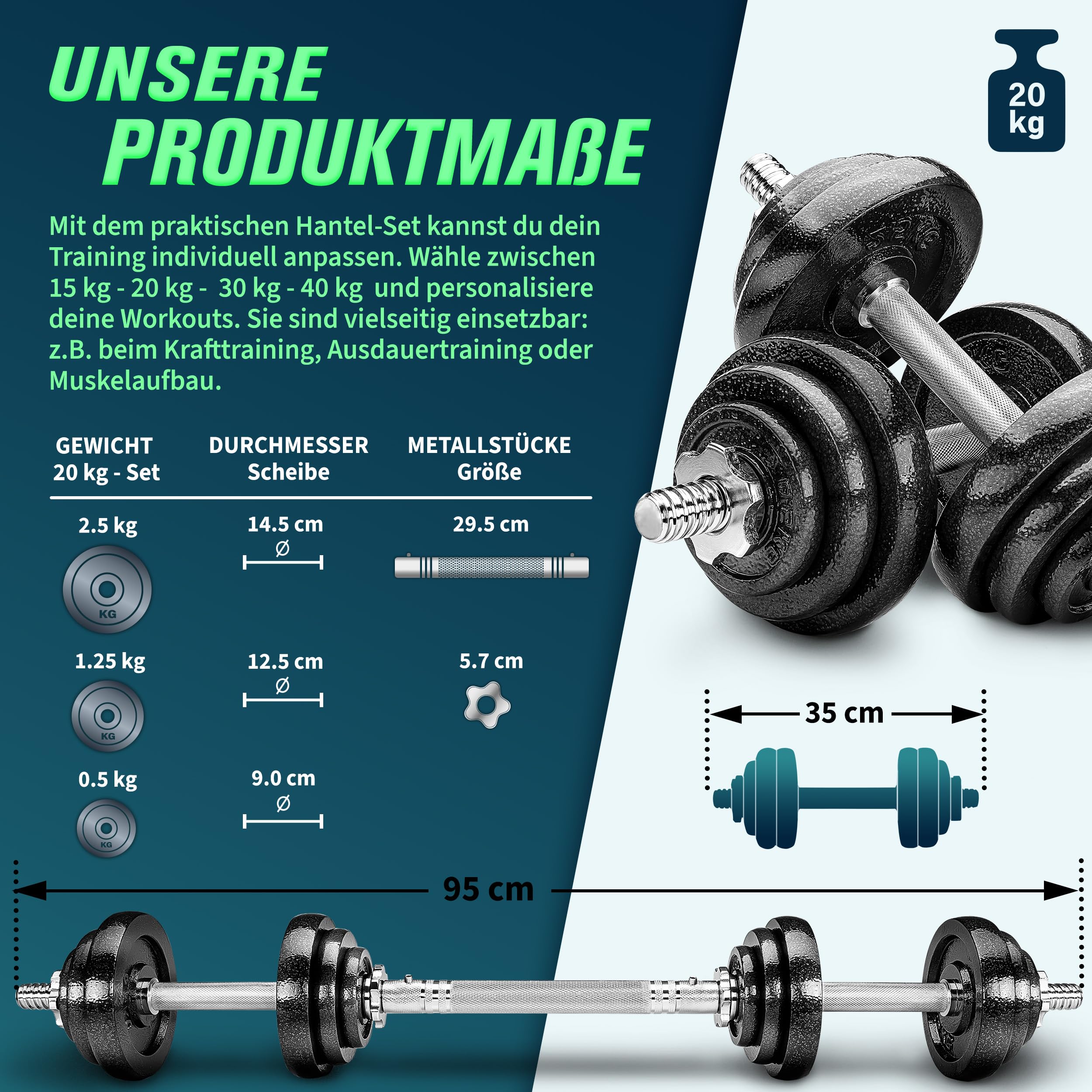 RE:SPORT 2 in 1 Hanteln Set 15-60kg | Hantelset Gusseisen verstellbar | Kurzhantel & Langhantel | Sternverschlüsse & Verbindungsrohr