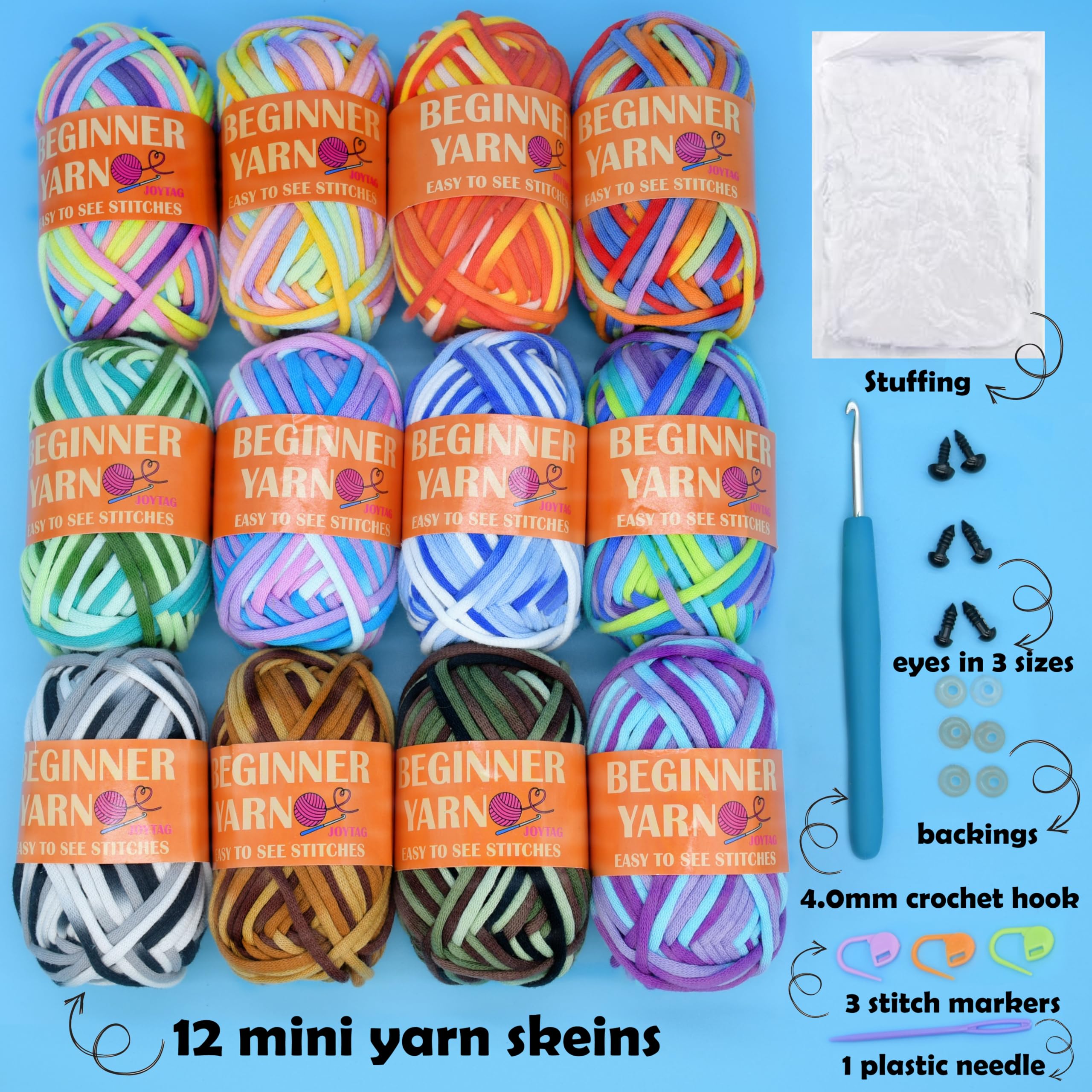 JOYTAG Confezione da 12 gomitoli di filato di cotone per uncinetto, per principianti, con punti facili da vedere, kit per uncinetto per principianti (12 x 25 g), arcobaleno misto