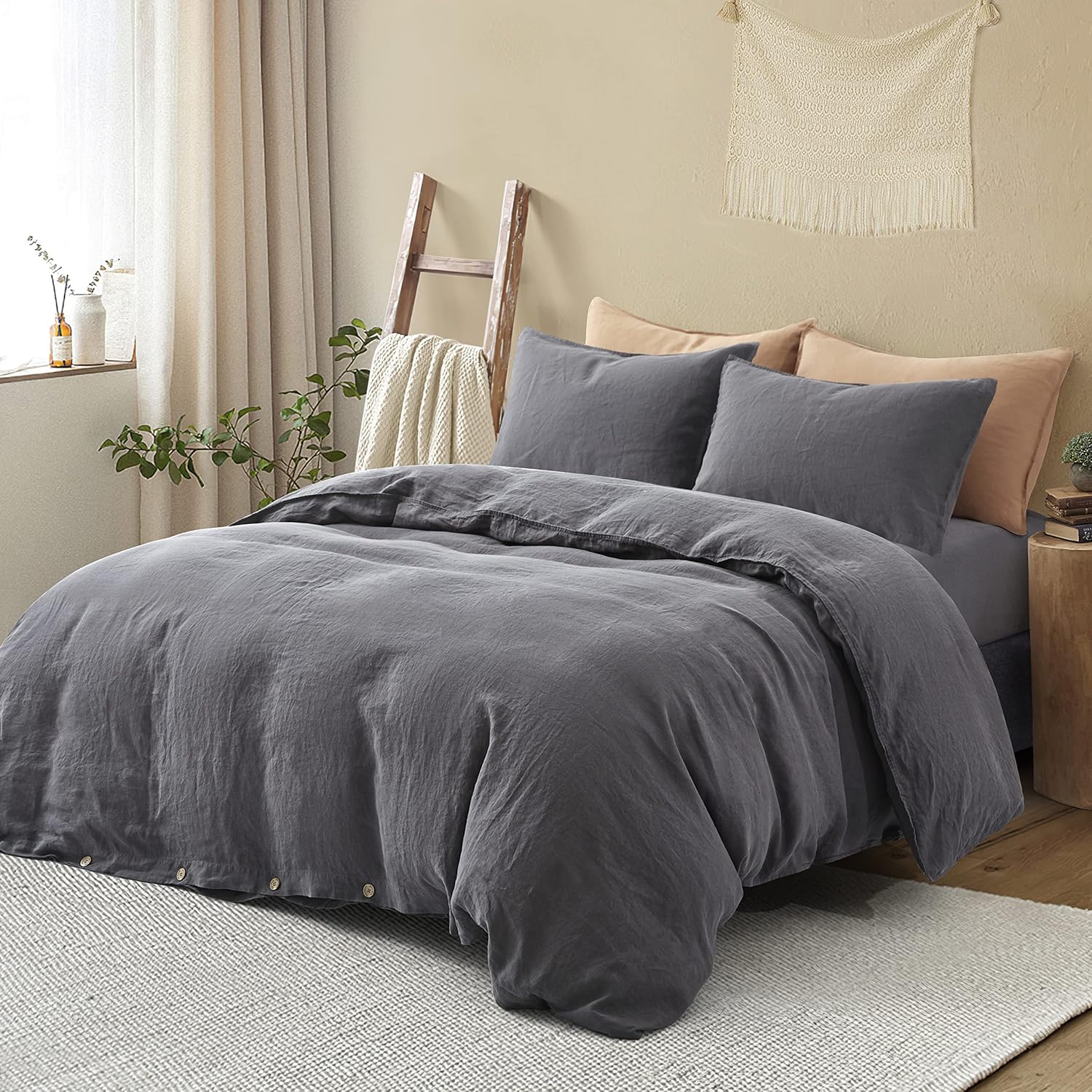 ATLINIA Bedding Duvet Cover Set Linen - 100% French Flax Washed Bed Sets Farmhouse Comforter Cover Set (1 Duvet Cover and 2 Pillow Shams) Queen Size Dark Grey