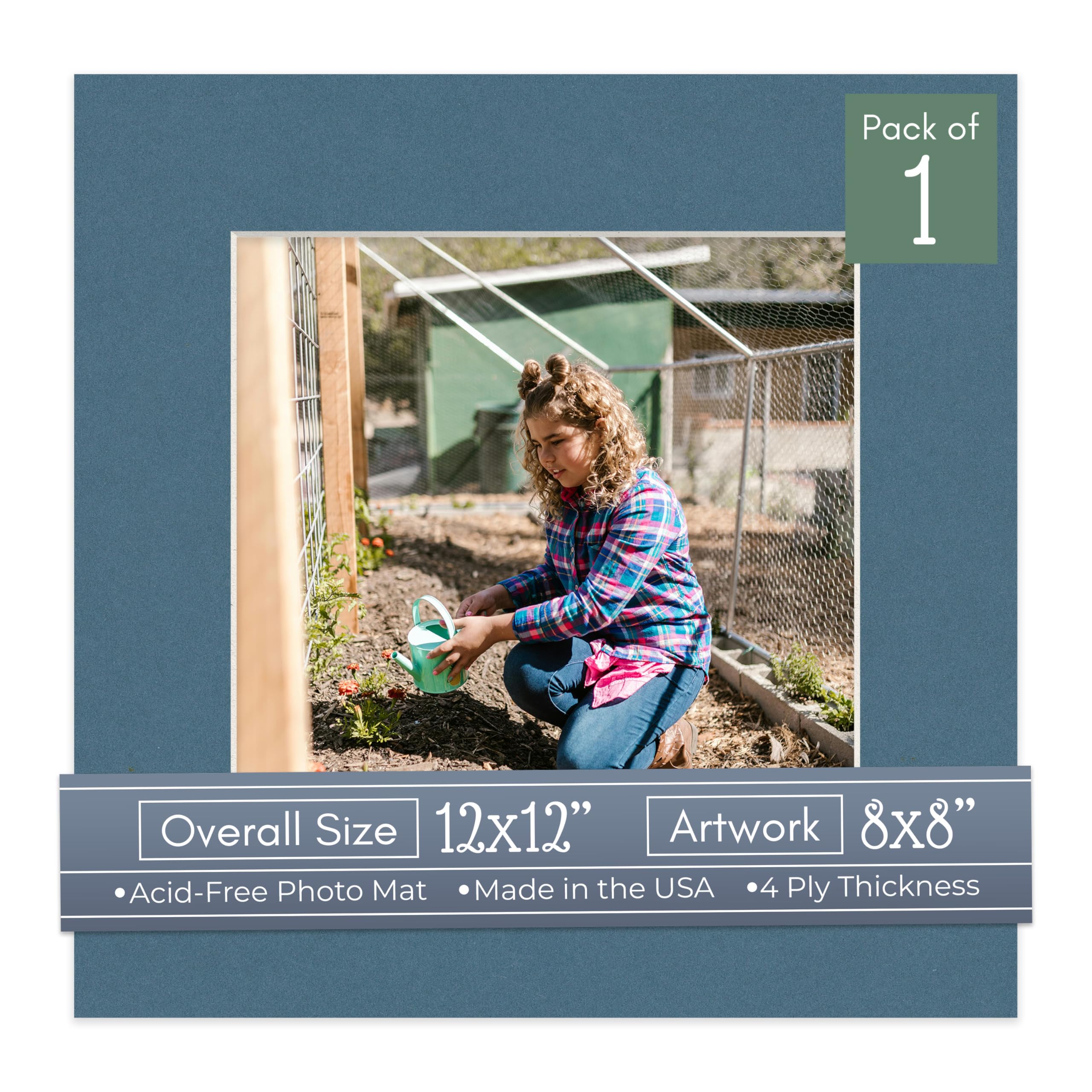 CountryArtHouse Steel Blue Acid Free 12x12 Square Picture Frame Mat with White Core Bevel Cut for 8x8 Pictures - Fits 12x12 Frame - Pack of 1 Matboard Show Kit with Acid Free Backing & Clear Bag-image-20
