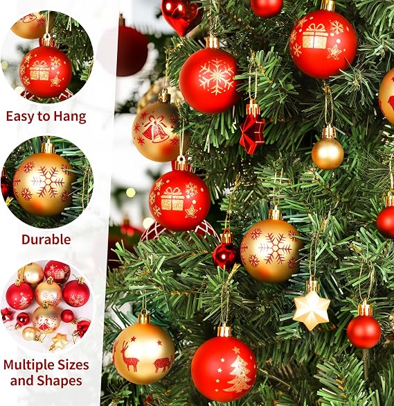 Christmas Tree Decorations,44 Pcs Christmas Baubles with Red & Gold Balls,Shatterproof Hanging Ornaments for Xmas Tree Decorations Holiday Home Party(3CM-6CM)