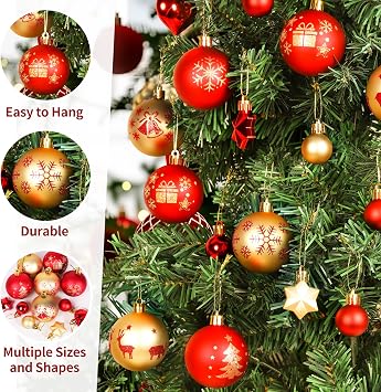 Christmas Tree Decorations,44 Pcs Christmas Baubles with Red & Gold Balls,Shatterproof Hanging Ornaments for Xmas Tree Decorations Holiday Home Party(3CM-6CM)