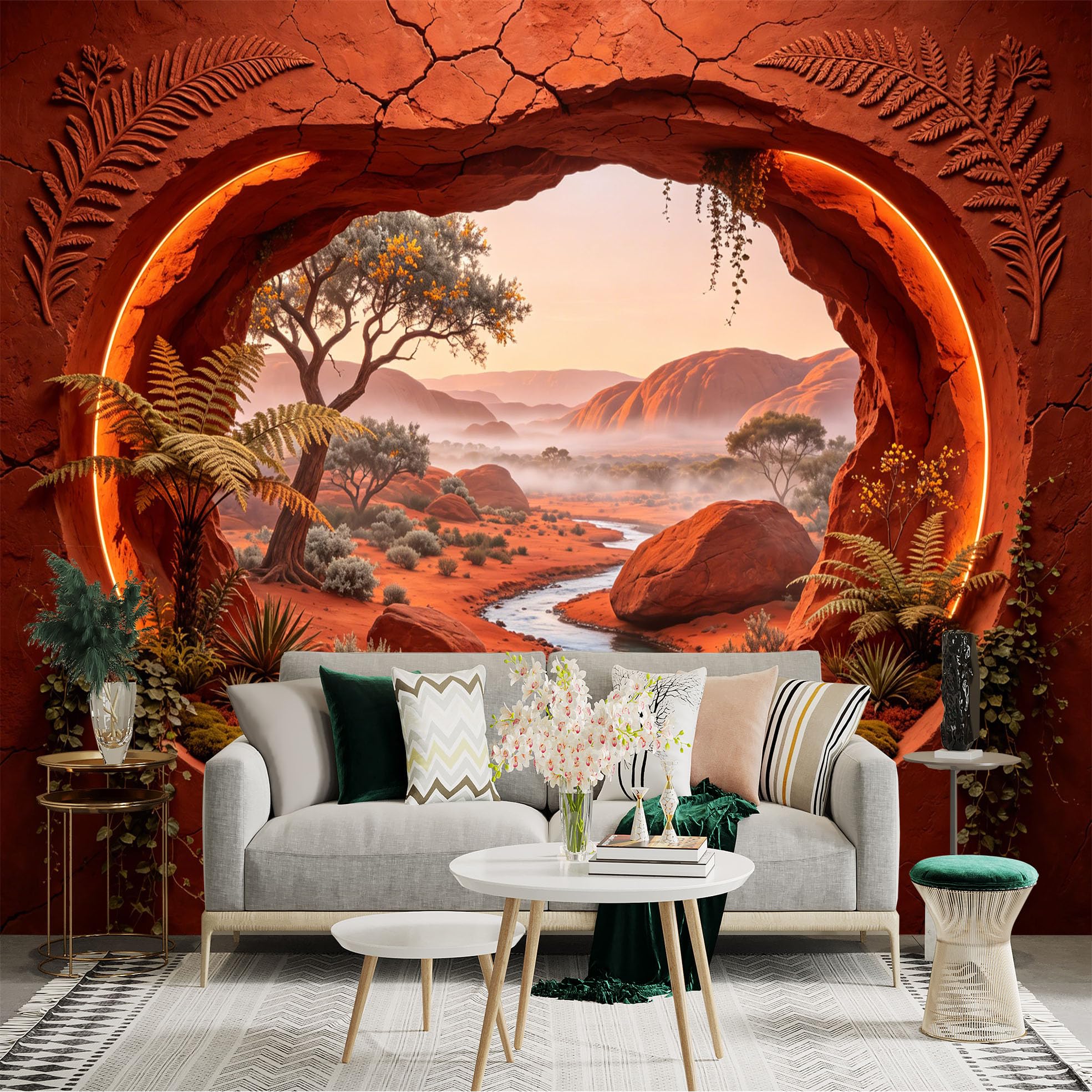 Custom Size Wall Sticker Mural， Desert Landscape with River， Red Rocks and Fern Plants， for wall Decoration， peelandstick wall Decals.