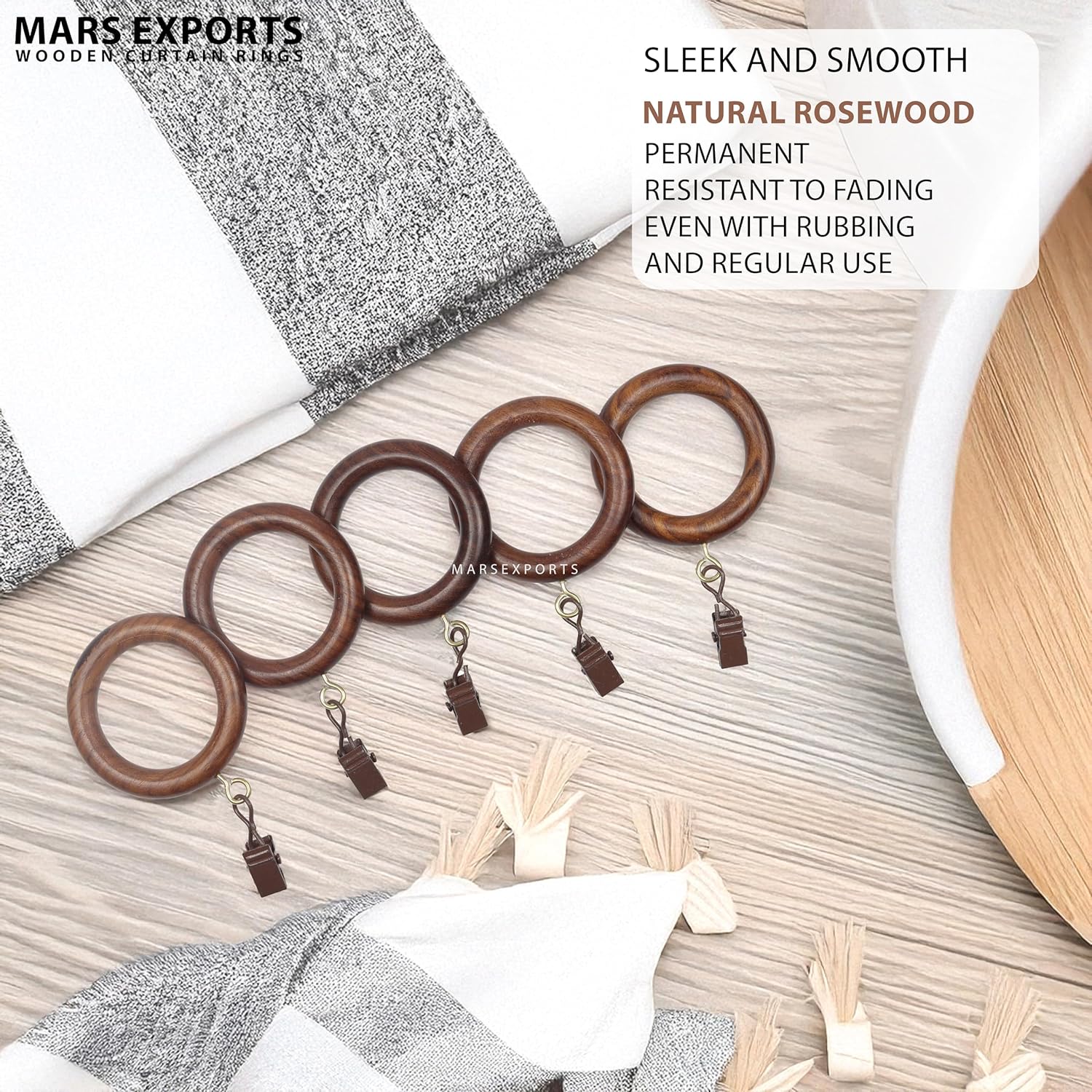 24 Pack of 2.5 Inch Wooden Curtains Rod Rings with Clips and Hooks, for 1-1.5 Inch Rod Pole, Wood Curtain Drapes Clip Ring, Hangers, Shower Curtains, Decor, and Drapery. (Natural Rosewood)