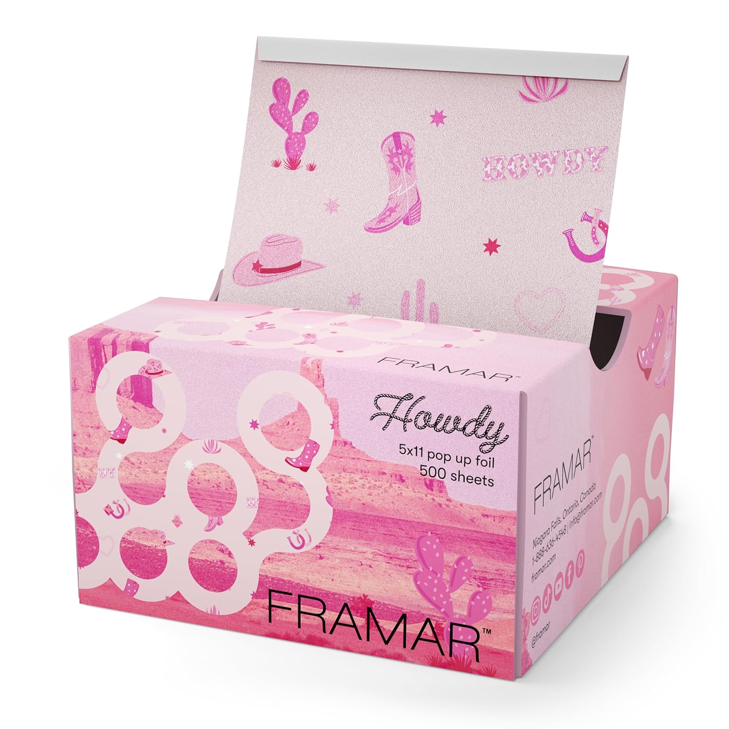 FRAMAR Howdy Pink Cowboy Hair Foils for Highlighting - 500 Pre-Cut Embossed Pop-Up Sheets, Salon Stylist Kit