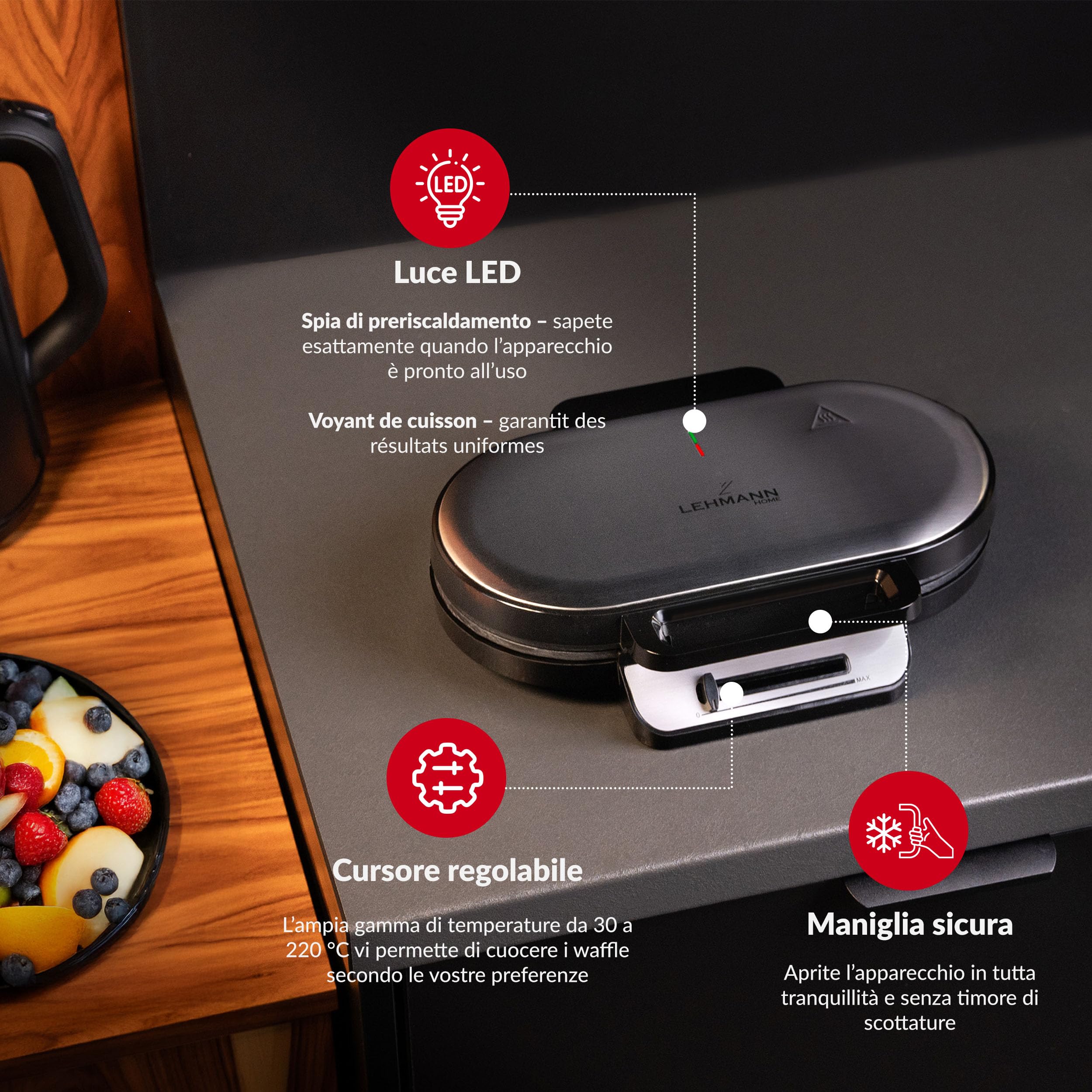 LEHMANN Doppio Piastra per Waffle a Forma di Cuore, Waffle Maker per 10 Cuori, 2 Superfici di Cottura Antiaderenti, Controllo Della Temperatura, Indicatore di Pronto, 1200W, Nero/Argento