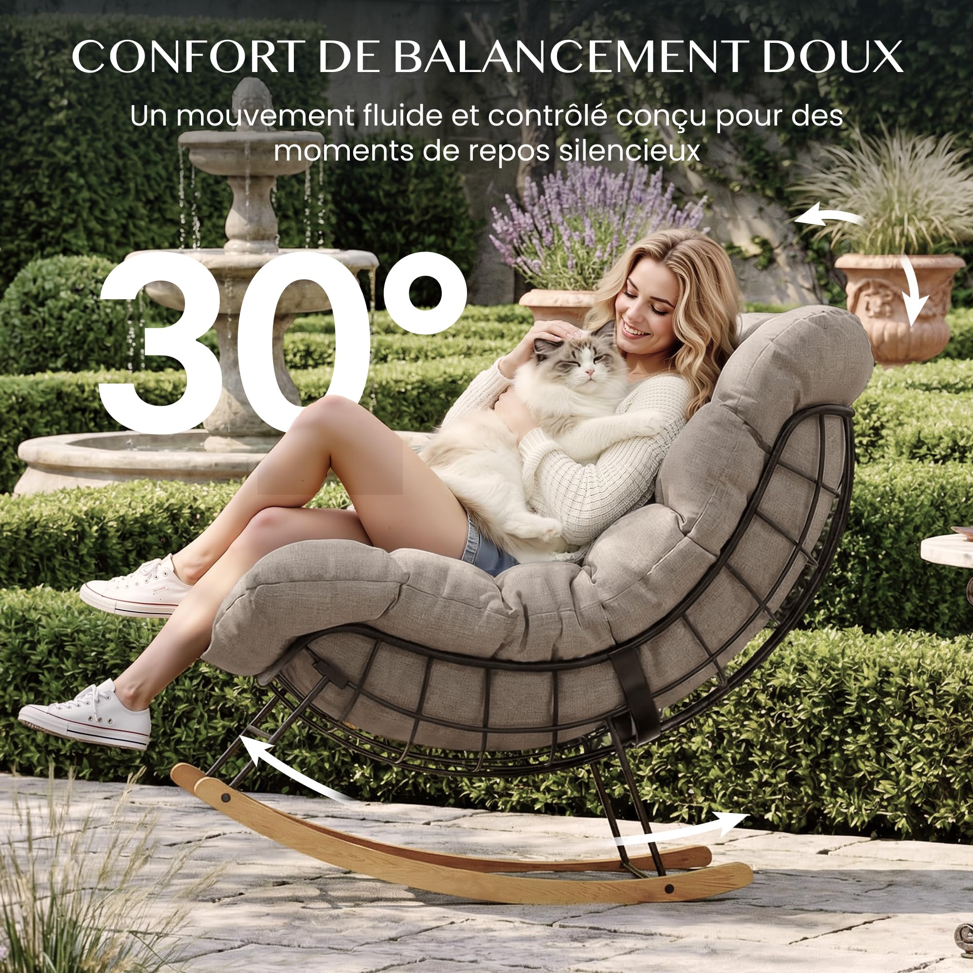 FLEXISPOT Fauteuil à Bascule Confortable avec Coussin & Appui-Tête, Chaise Longue Relax à Balancement Doux, Style Naturel et Chaleureux, pour Salon, Balcon, Terrasse et Jardin – Brun Lin