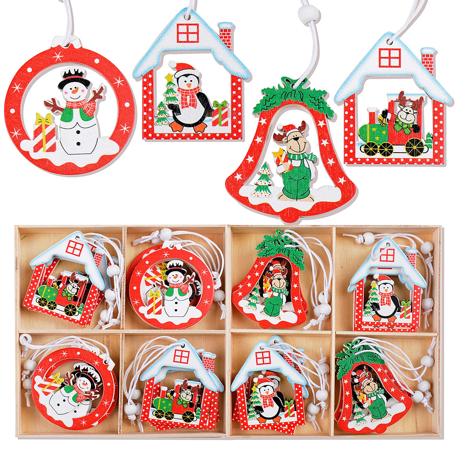 BETESSIN 24pcs Colgante Madera de Navidad Adorno Decoración de Árbol de Navidad Colgante Decorativo Colores Renos Muñeco de Nieve Casa de Navidad Decoración para Fiesta de Navidad