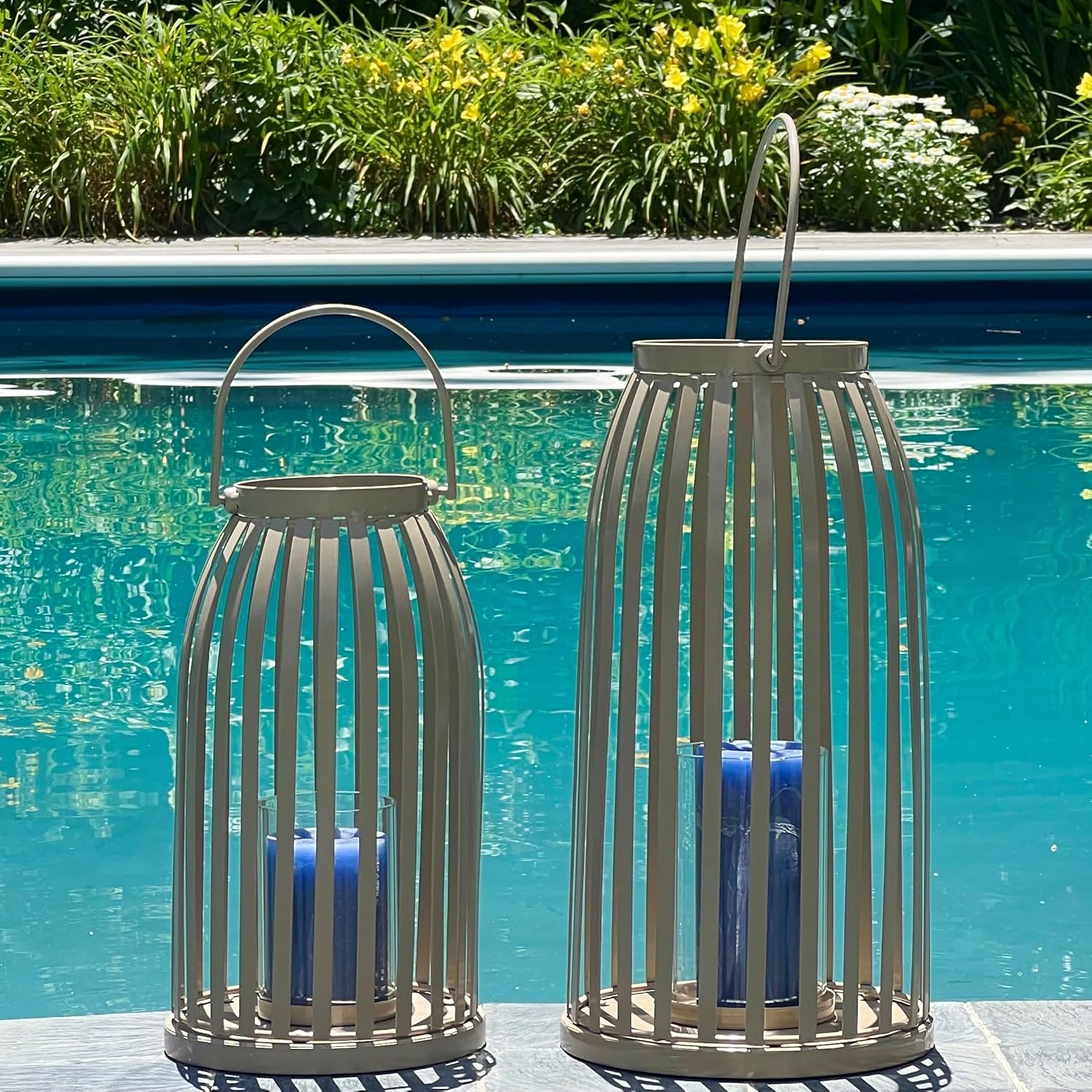 Key West Cage Hurricane Lanterns, Set of 2, Light Brown, Ribbed, Metal Frame, Handle, Glass, 15.75 and 12.5 Inches, Modern Tropical Design