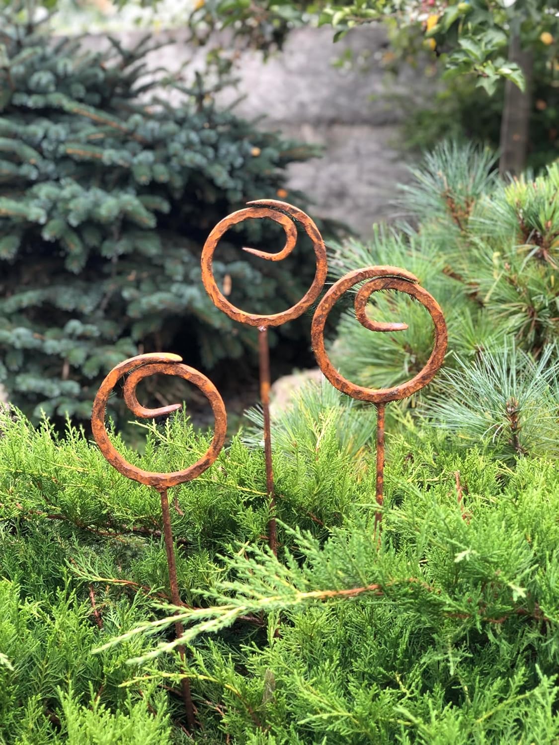 Rusty Finials Set of 3, Garden Stakes Decor, Metall Yard Art, Rusty Metal Garden Sculpture