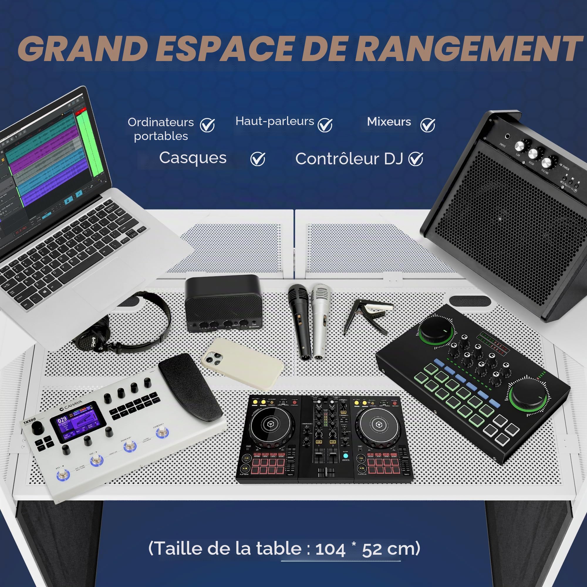 CAHAYA Table de DJ Mobile Pliable – DJ Booth Professionnel avec Panneaux en Tissu Noir et Blanc, Cadre en métal Solide, Gestion des câbles et Sac de Transport, Station de Travail DJ pour Manette et