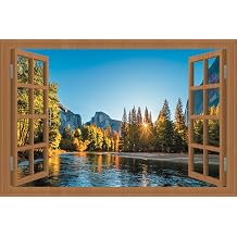 Fake Window for Walls Faux Window Decal Windows Poster Picture Open Window Wall Art Decor, Stick and Peel Wallpaper Nature Wall Decol Lake Scene Mural, 48"x72"