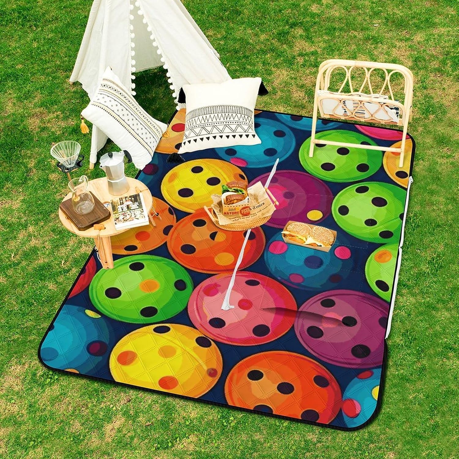Pickleball Balls Colors Pattern Picnic Blanket 150x100cm, Foldable 2-in-1 Picnic Mat and Tote Bag Portable Waterproof Beach Mat Sandproof Outdoor Blanket for Park, Hiking, Beach, Camping, Travel