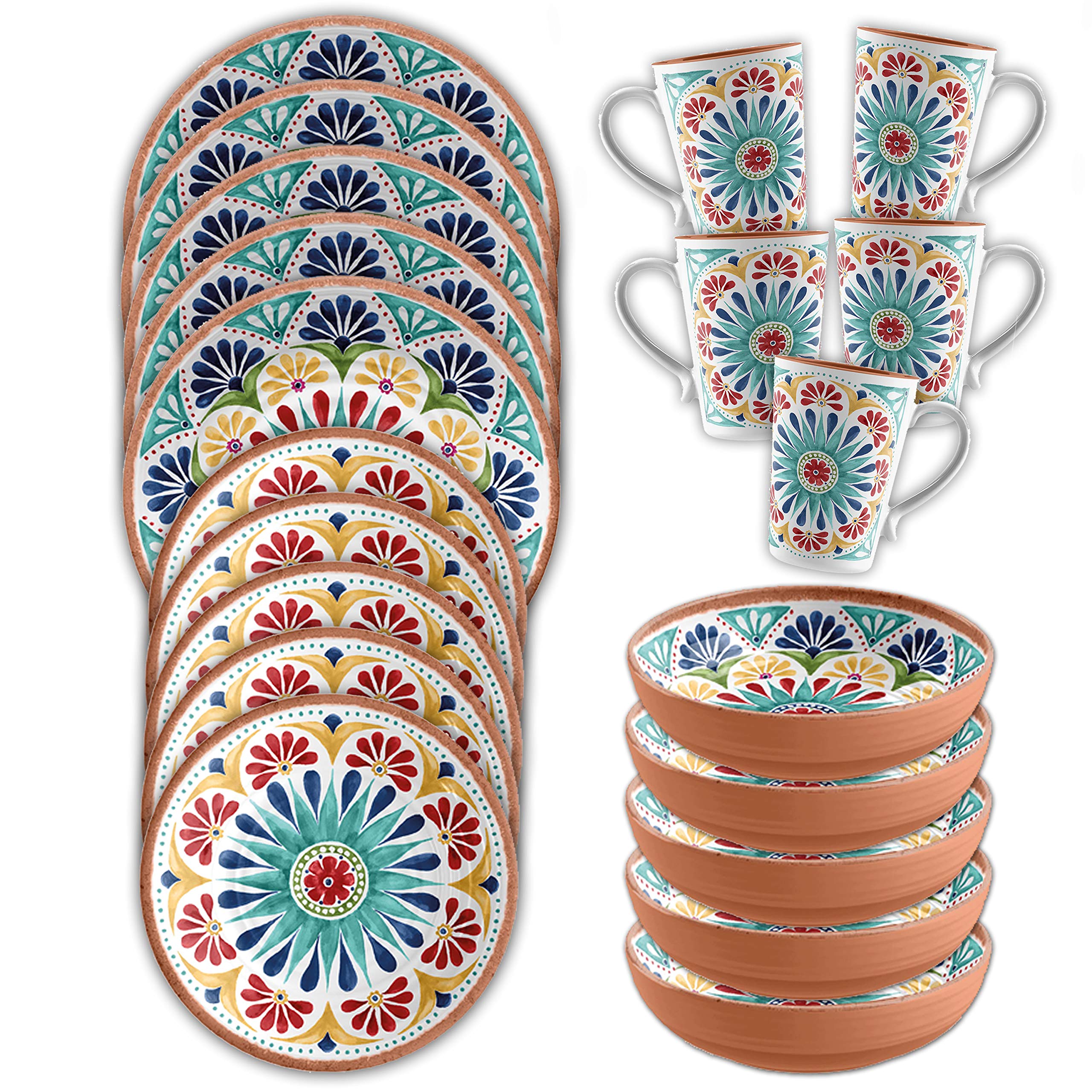 Patterned Outdoor Melamine Dinnerware Set with Mugs - Multicolour Camping/Picnic Plates Bowls Cups Set (20, Rio Medallion)