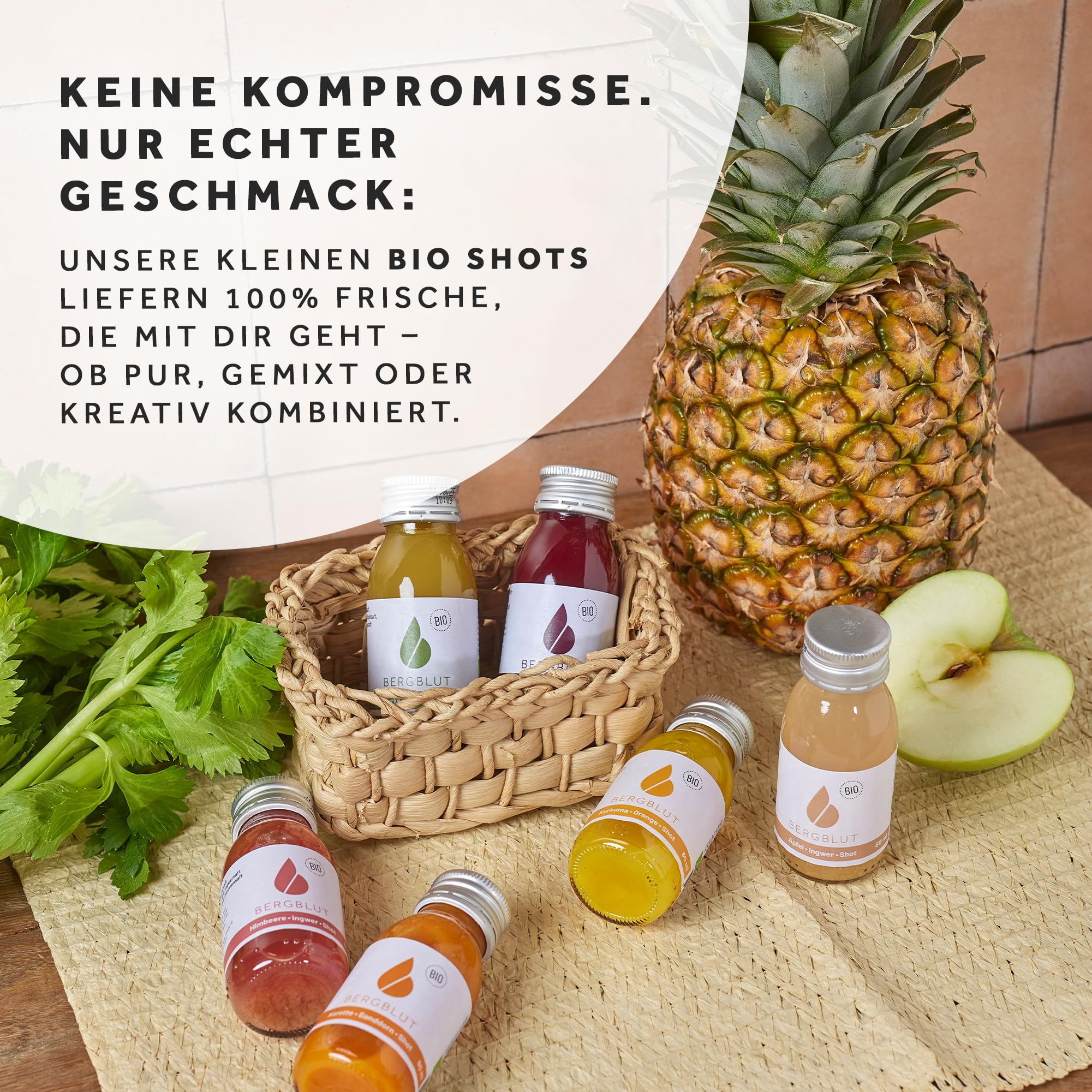 Bergblut Ingwer Shot Mix Box | 7 x 60 ml Bio Shots in verschiedenen Sorten | Direktgepresst & Ohne Zusatzstoffe | Ingwershot Vegan & 100 % natürlich | Saftkur Alternative