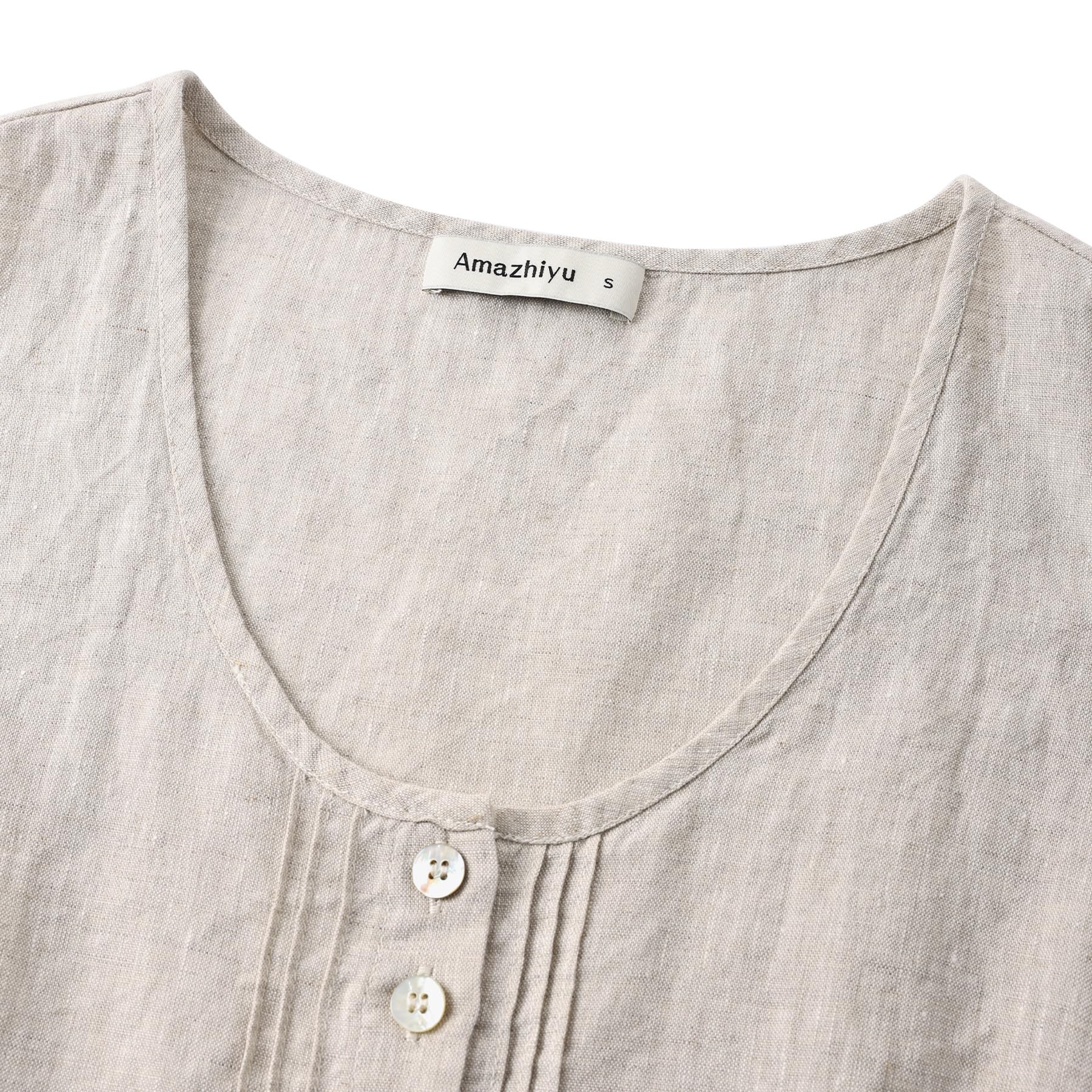 Amazhiyu Camicetta da donna in 100% lino, canotte estive senza maniche in lino con scollo rotondo e bottoni a pieghe