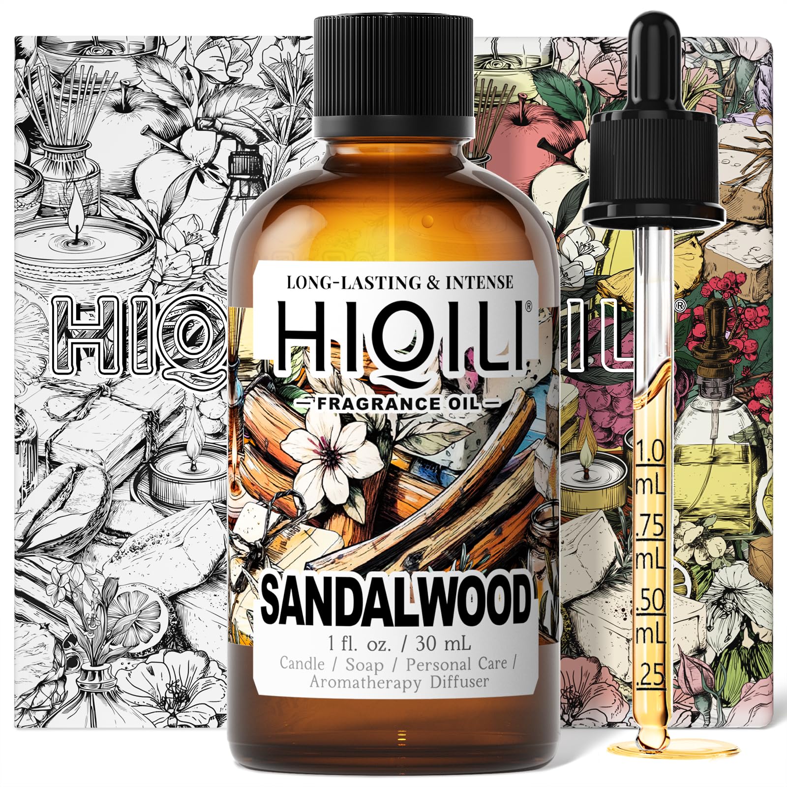HIQILI Sandalwood Fragrance Oil for Home Diffuser, Luxury Hotel Scent, Perfect for DIY Candle & Soap Making, Add to Body Lotion - 1 Fl Oz