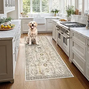 Madane Hallway Runner Rug 3x6 - Washable Kitchen Rugs Entryway Rug Runner Vintage Soft Floor Mat Non Slip Indoor Farmhouse Carpet for Bathroom Living Room Bedroom (3 X 6, Brown/Gold)