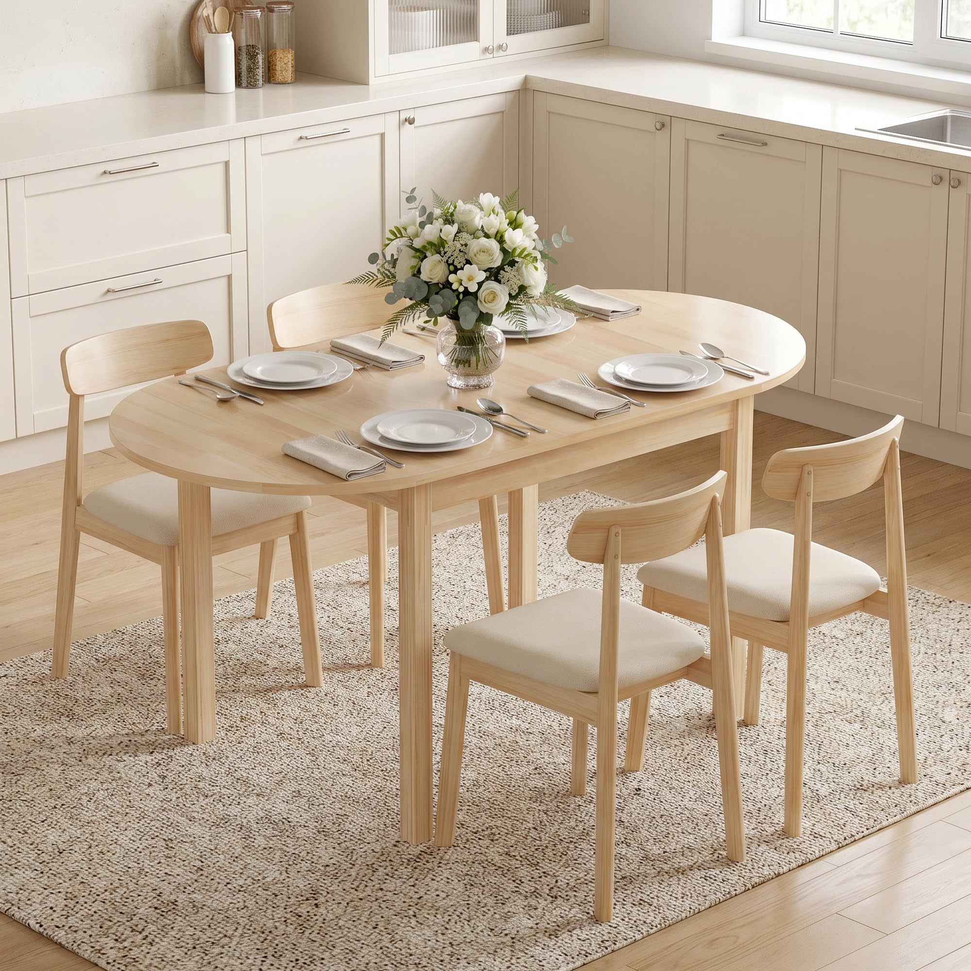 HOMCOM 55" Solid Wood Kitchen Table for 4-6 People, Oval Drop Leaf Tables for Small Spaces, Folding Dining Table, Natural