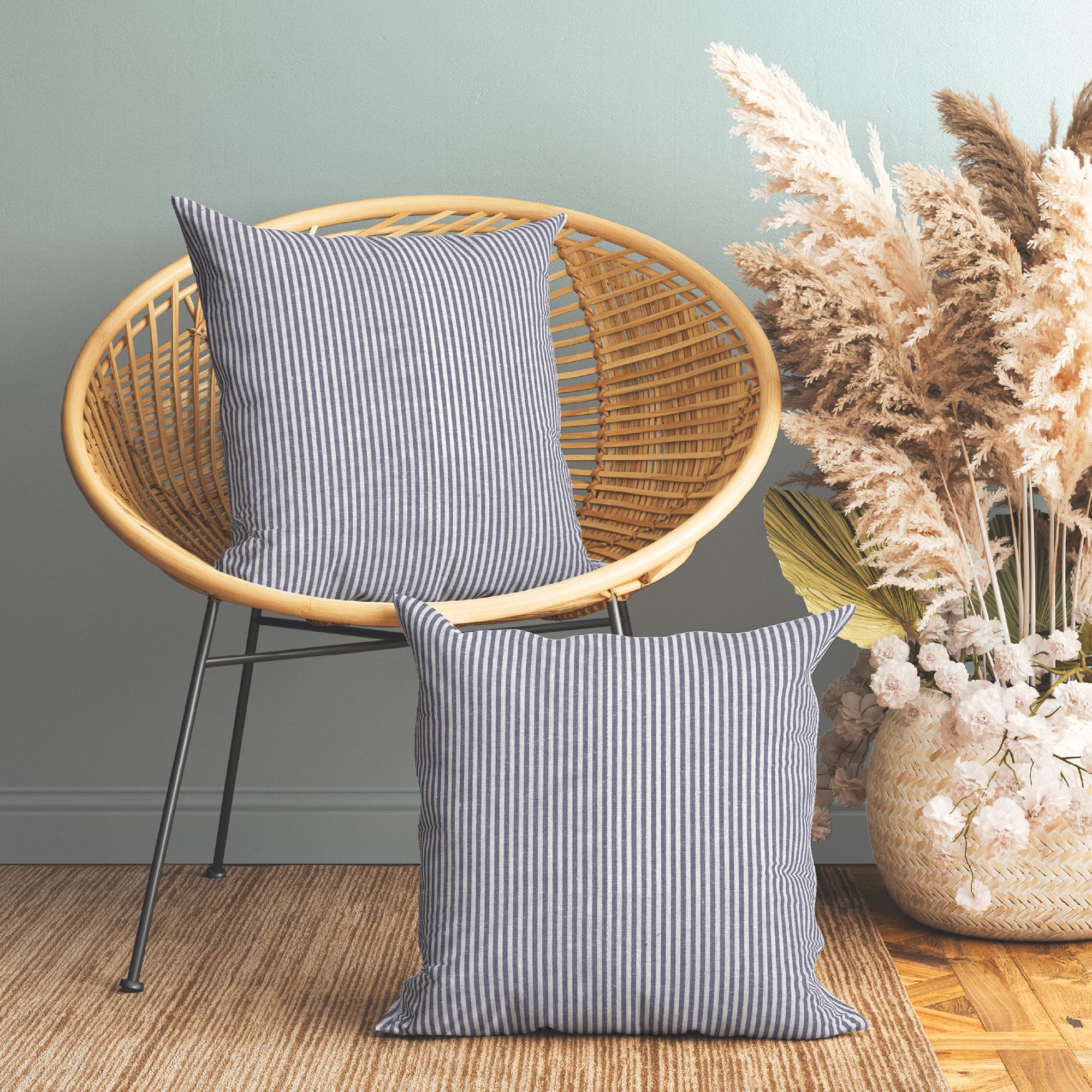 Encasa XO Farmhouse Throw Pillow Covers Set of 2 (20x20 in) Ticking Navy Blue | Decorative Cushion Covers No Inserts | Plaid and Stripes Pillow Covers for Living Room, Couch