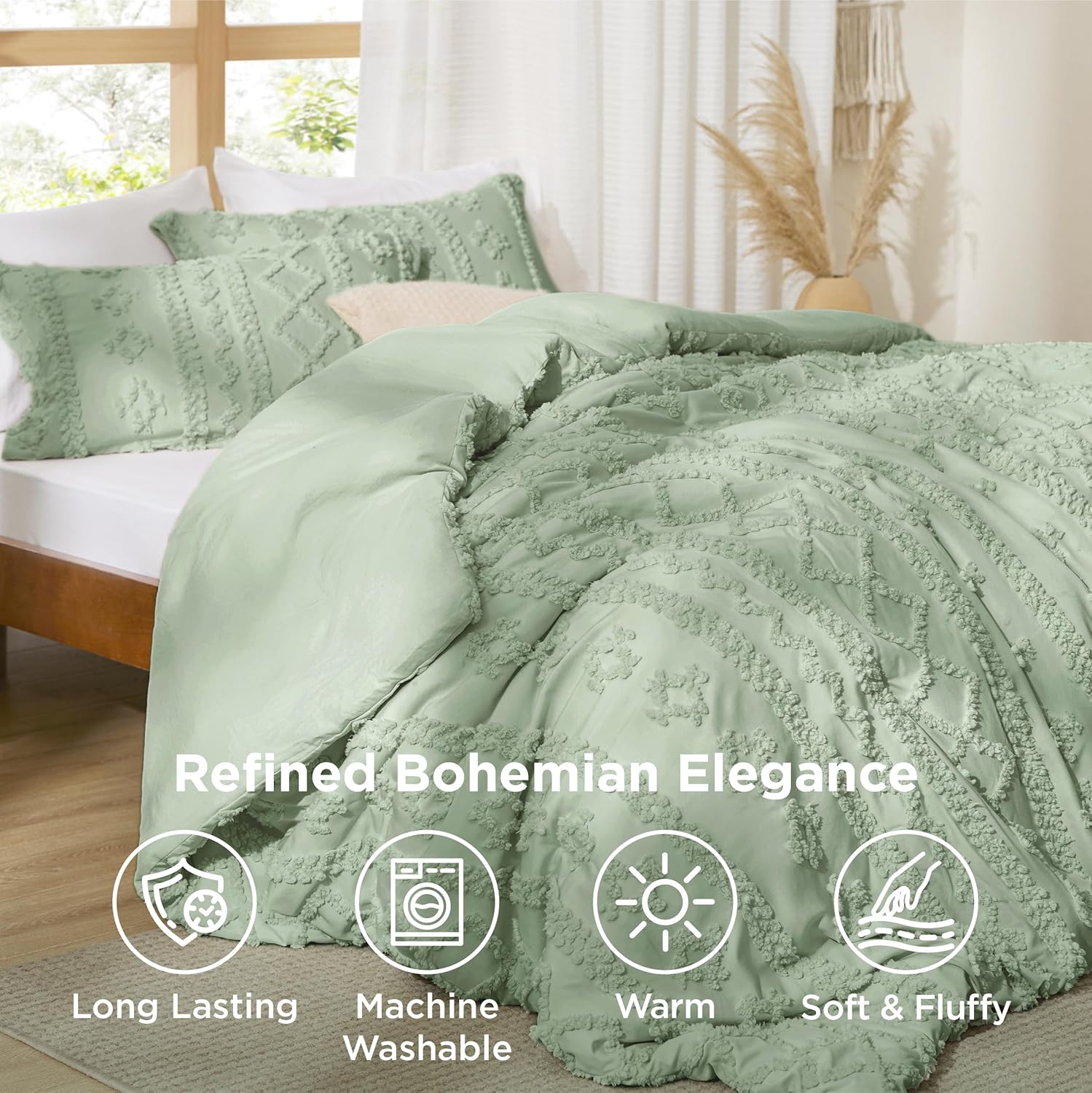 Bedsure Tufted Boho Comforter Set Twin Size - Sage Green Boho Bed Set, GentleSoft™ 2 Pieces Farmhouse Shabby Chic Embroidery Bedding, Gifts for Woman, Soft Jacquard Twin Comforter for All Seasons - Image 4