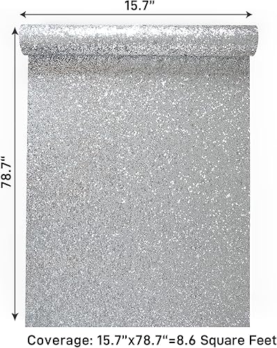 Vista 42 de VaryPaper Papel tapiz plateado con purpurina gruesa de 15.7 x 315 pulgadas, papel de contacto plateado, autoadhesivo, extraíble, con lentejuelas