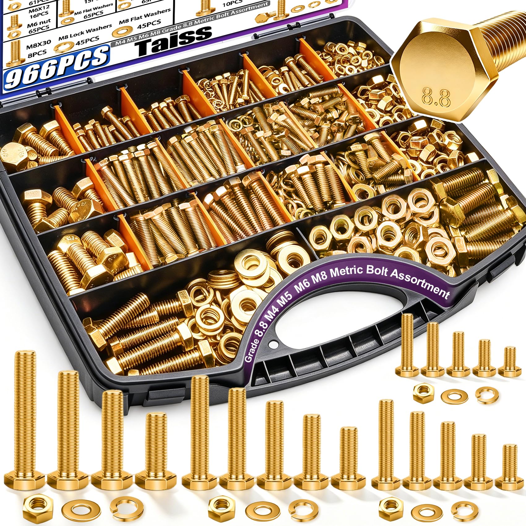 Taiss Assortiment de 966 boulons métriques et écrous hexagonaux M4 M5 M6 M8 de grade 8.8 (12-30 mm) plaqué zinc jaune