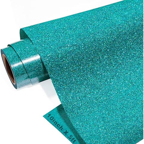 GIRAFVINYL Teal Glitter HTV Heat Transfer Vinyl, Glitter Teal Iron on Vinyl - 10” x 5ft Waterproof Aqua Vinyl for T-Shirt, Clothing Embellishment