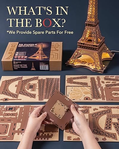 Miniatura 8 de Rowood Torre Eiffel, kits de modelos de rompecabezas 3D para adultos, rompecabezas de madera 3D para adultos, juego de construcción con LED,