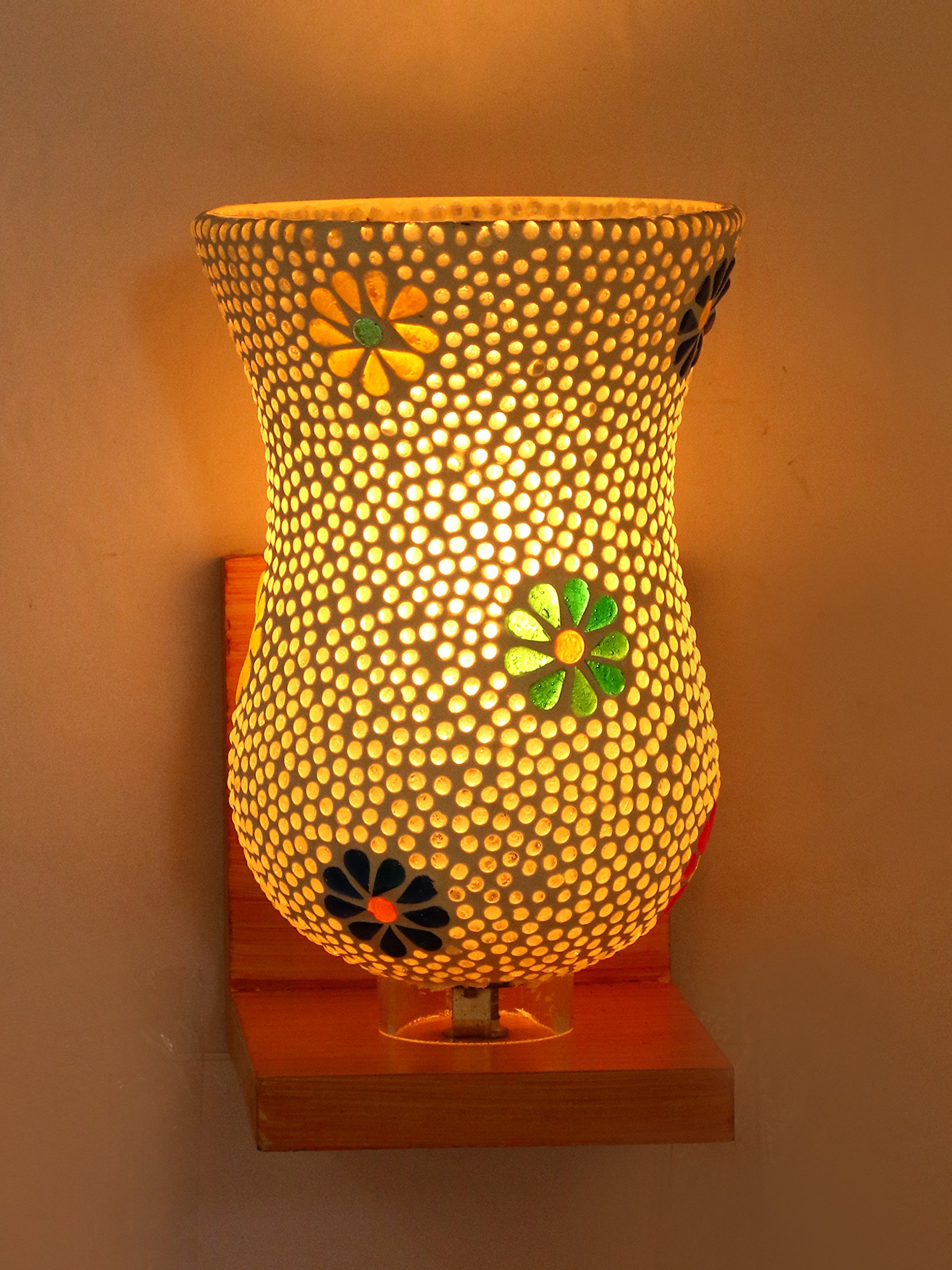 Somil Chair Shape Wooden Wall Lamp with Hand- Decorated Mosaic Glass Shade, 23 X 25.5 X 30.5 CM