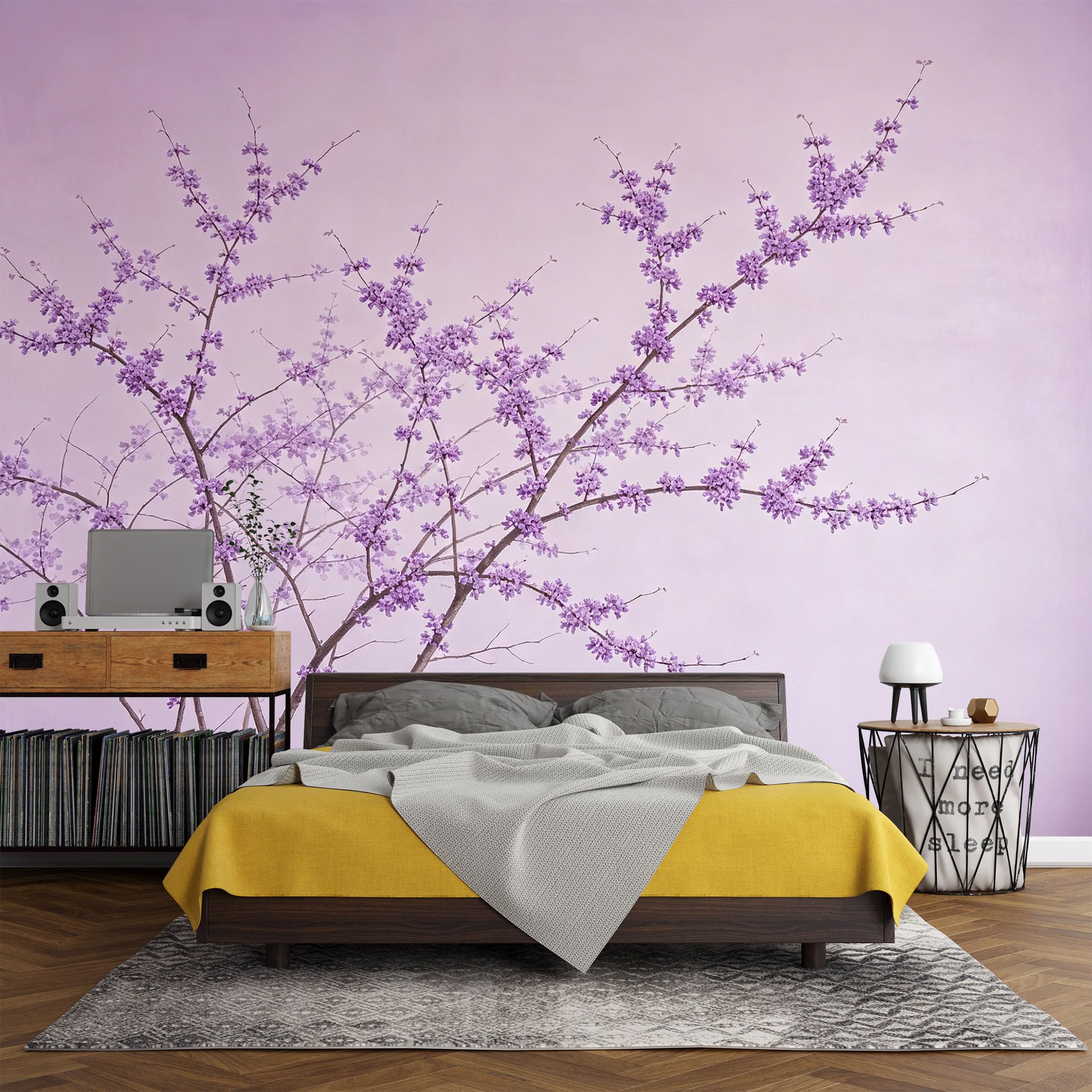 Custom Size Wall Mural， Botanical Purple Blossom Branch Minimalist Floral Art，SelfAdhesive Art Prints wall Fabric (No PVC) Removable Wallpaper Living Room Decor