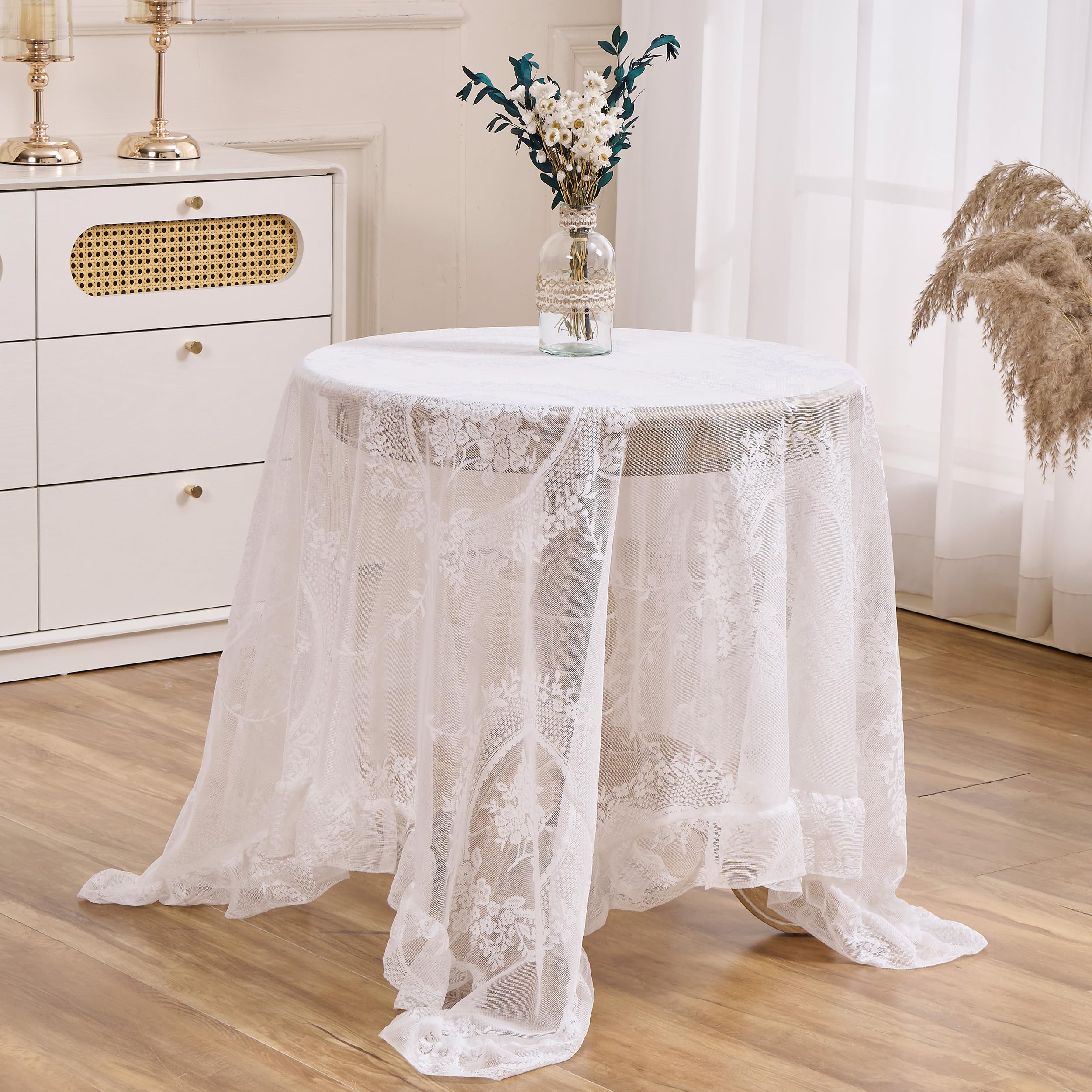 Photo 1 of Raedan White Floral Embroidered Lace Square Tablecloth 55”x55” Vintage Table Cover (White, 55”x55”, Square)