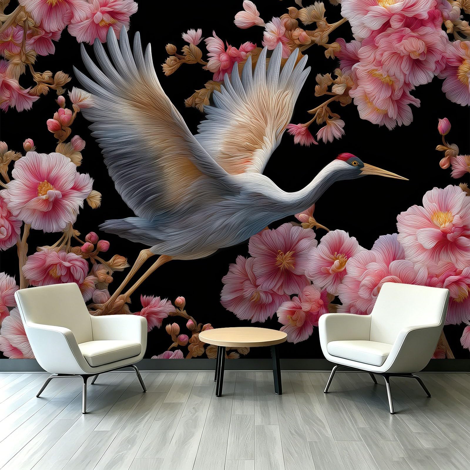 Carta da parati fotografica in tessuto non tessuto con gru e fiori di ciliegio, 200 x 140 cm (larghezza x altezza), motivo cineserie, animali orientali, floreale, per cucina, sala da pranzo, ufficio