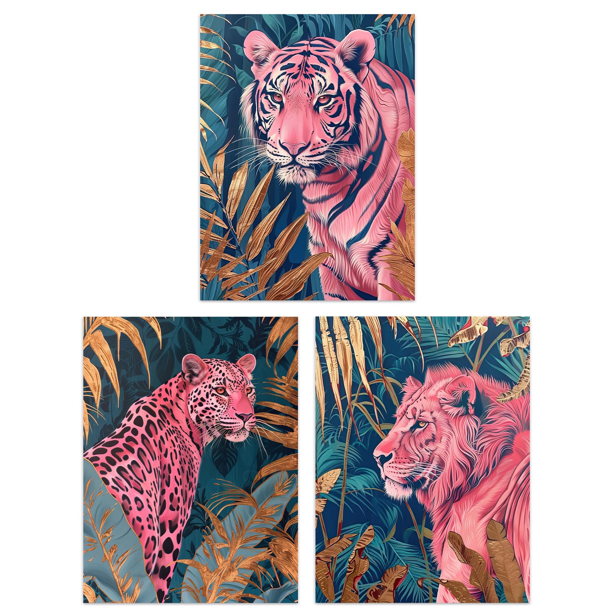 Artery8 Set of 3 Pink Tiger Leopard Lion Gold Teal Jungle Living Room A4 Size Wall Art Prints Pack