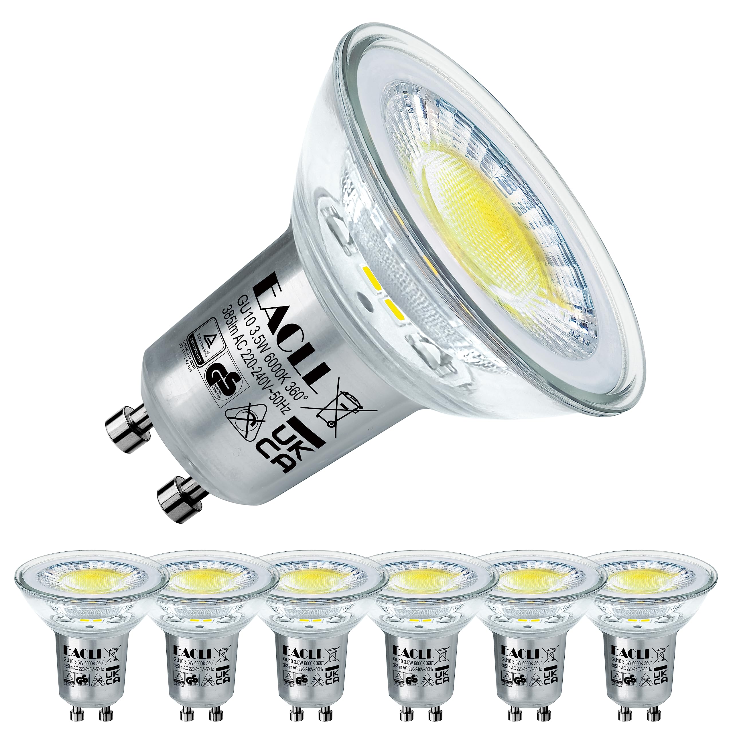 EACLL GU10 LED Kaltweiss 3,5W Ersetzt 50W Halogenlampe, 6er-Pack. 385lm 6000K Leuchtmittel, Abstrahlwinkel 360° Energiesparlampe, Nicht Dimmbar Reflektorlampen, AC 230V Flimmerfrei Ø50xH53mm Strahler