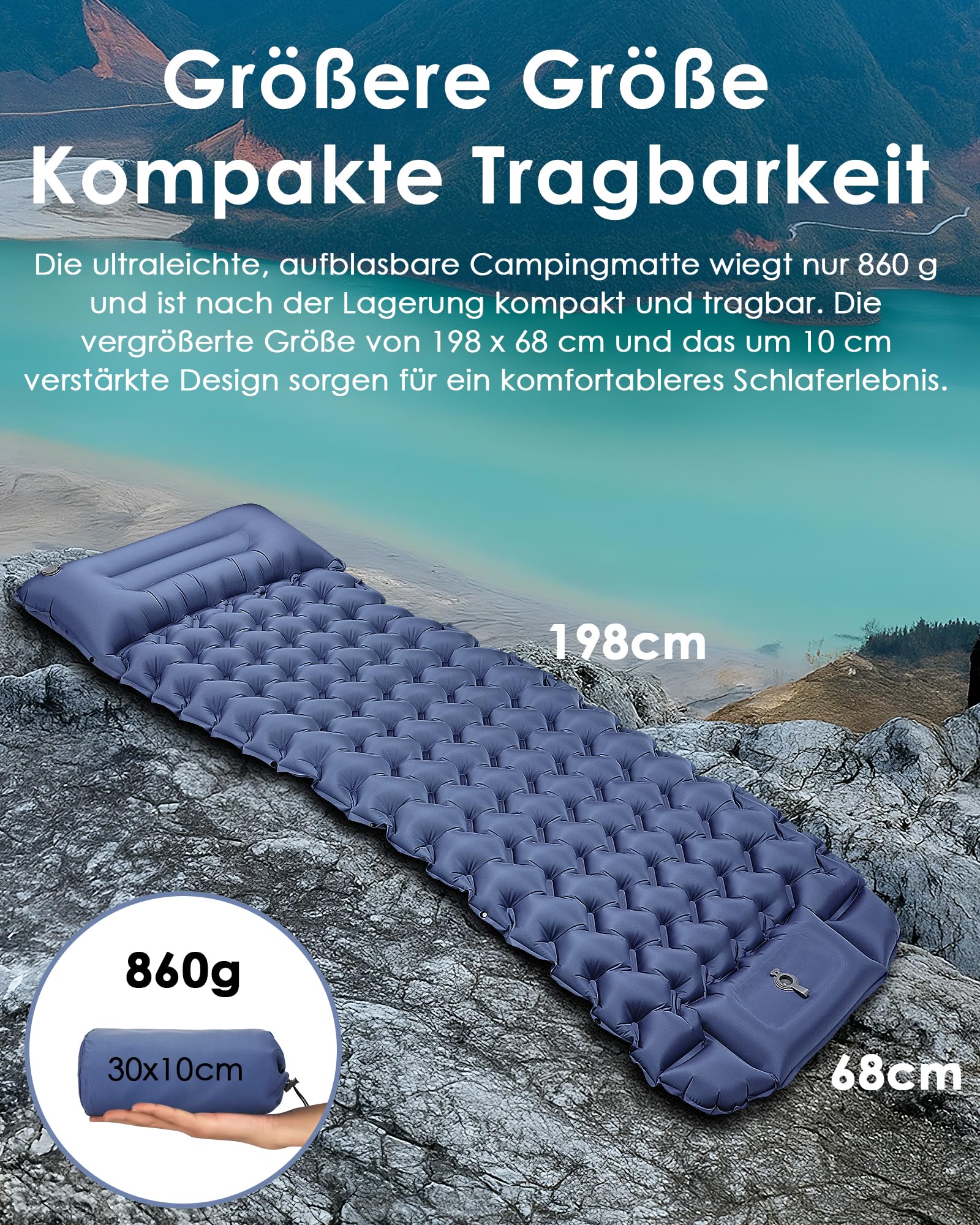 Materassino campeggio Singolo, Materassino Gonfiabile Campeggio Ultraleggero con Cuscino, Materassino Trekking con Pompa a Pedale integrata, Materasso Tenda 68x198, Blu