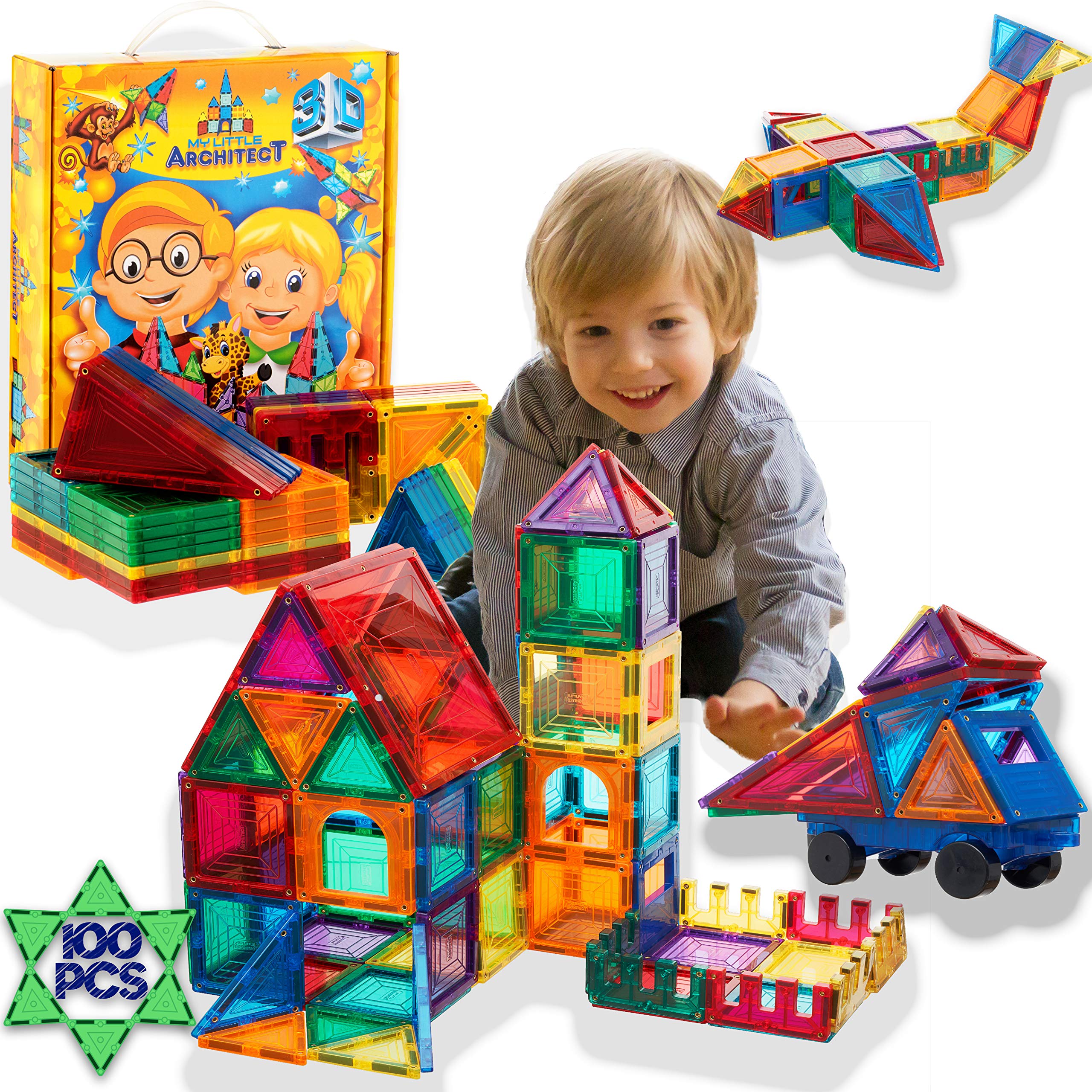 My Little Architect Magnetic Tiles for Kids, Educational 3D Magnet Building Blocks Set, 100pcs STEM Preschool Toys for Children Creative Toy, Magnets in Various Tile Shapes, Inspirational Learning